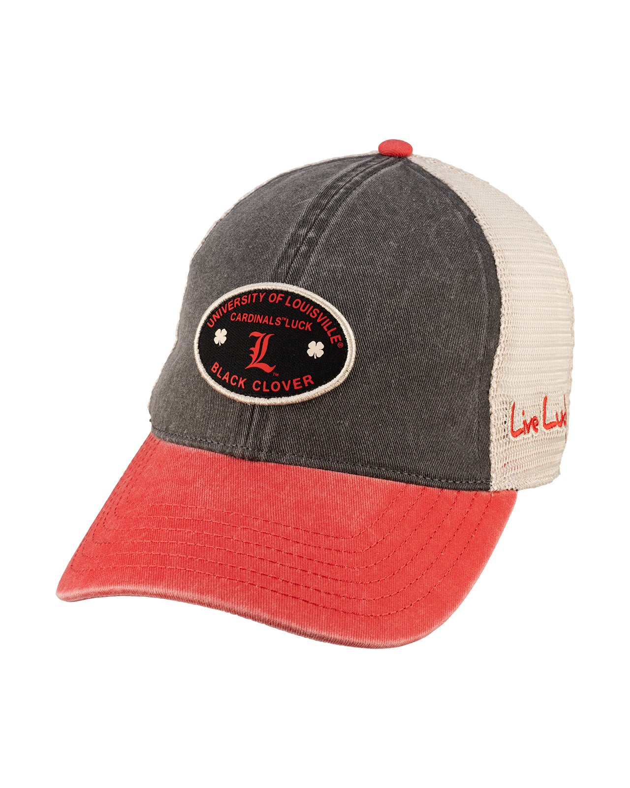 Red and black two tone style vintage hat from Black Clover featuring University of Louisville Cardinals logo