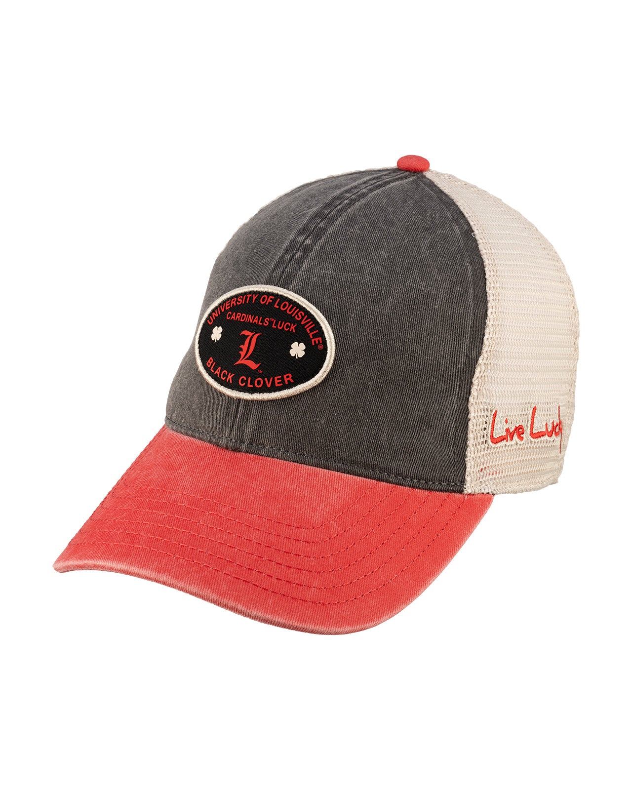 Red and black two tone style vintage hat from Black Clover featuring University of Louisville Cardinals logo