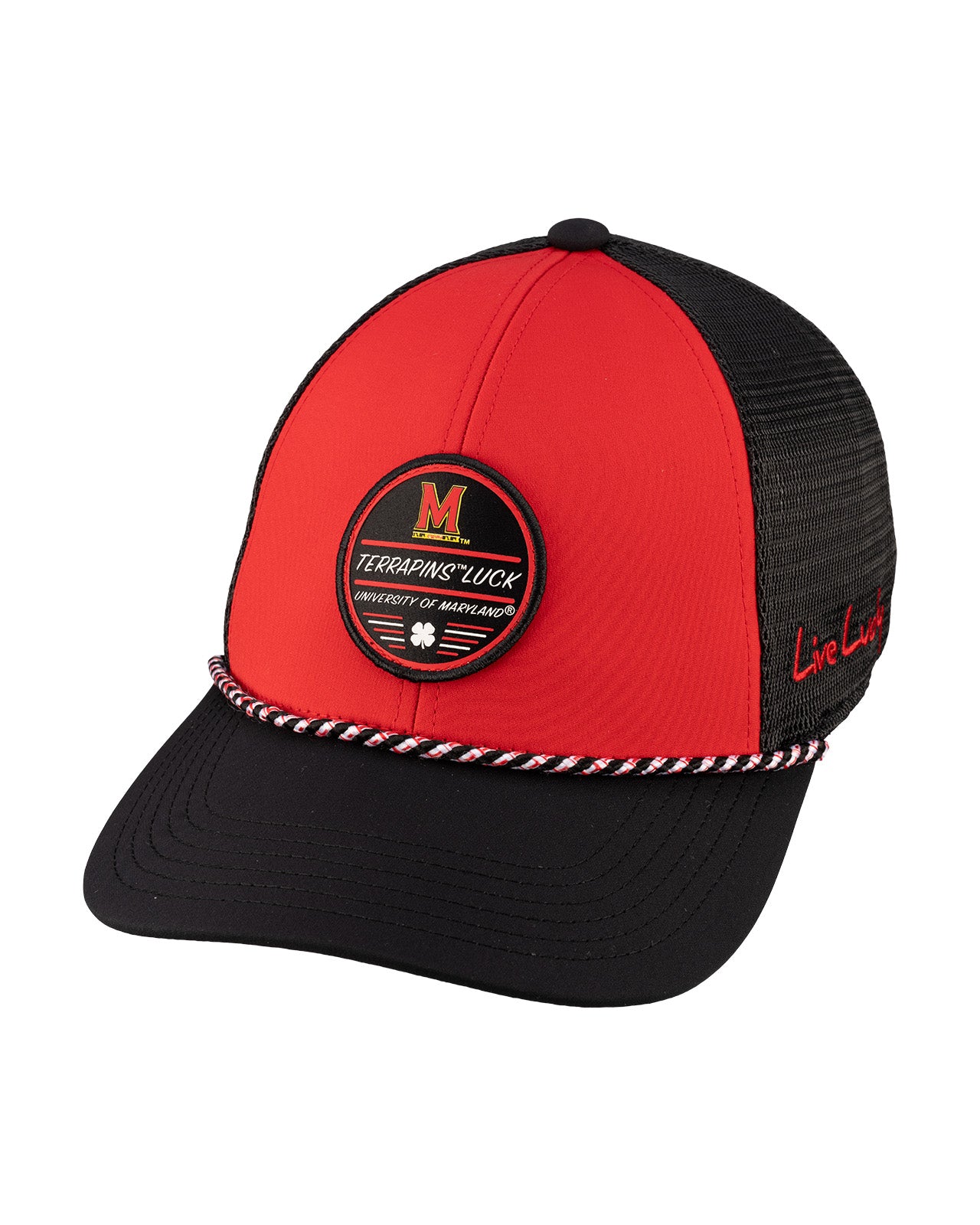 Red and black two tone rope hat from Black Clover featuring University of Maryland Terrapins logo