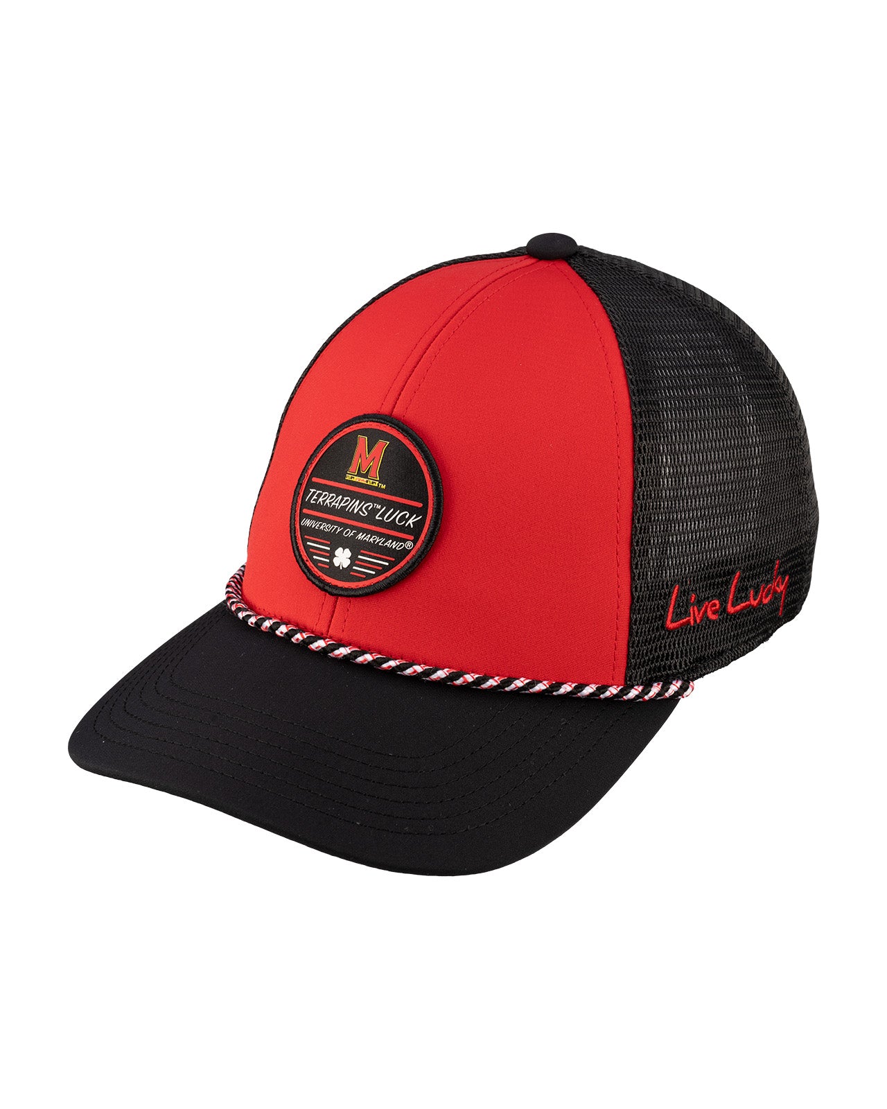 Red and black two tone rope hat from Black Clover featuring University of Maryland Terrapins logo