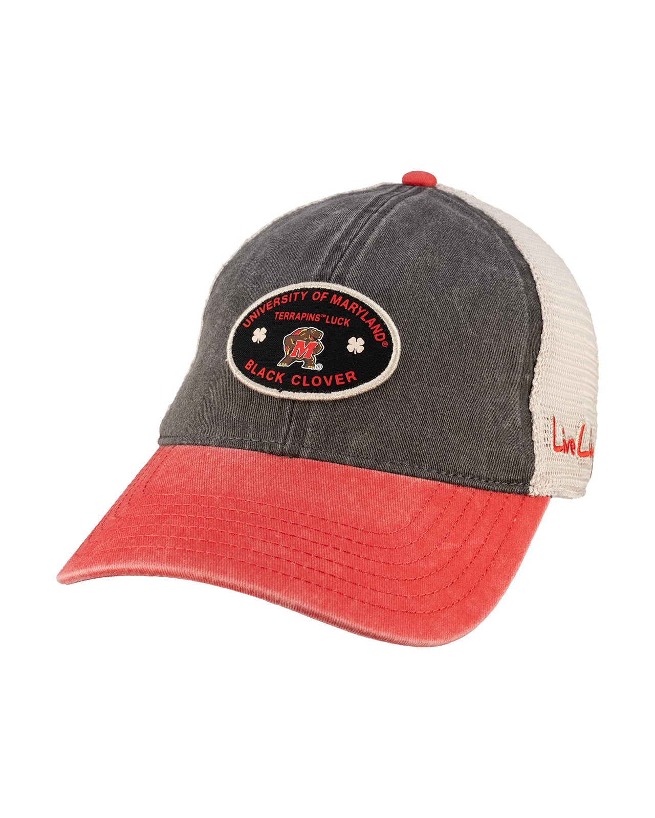 Red and grey two tone vintage style hat from Black Clover featuring University of Maryland Terrapins logo