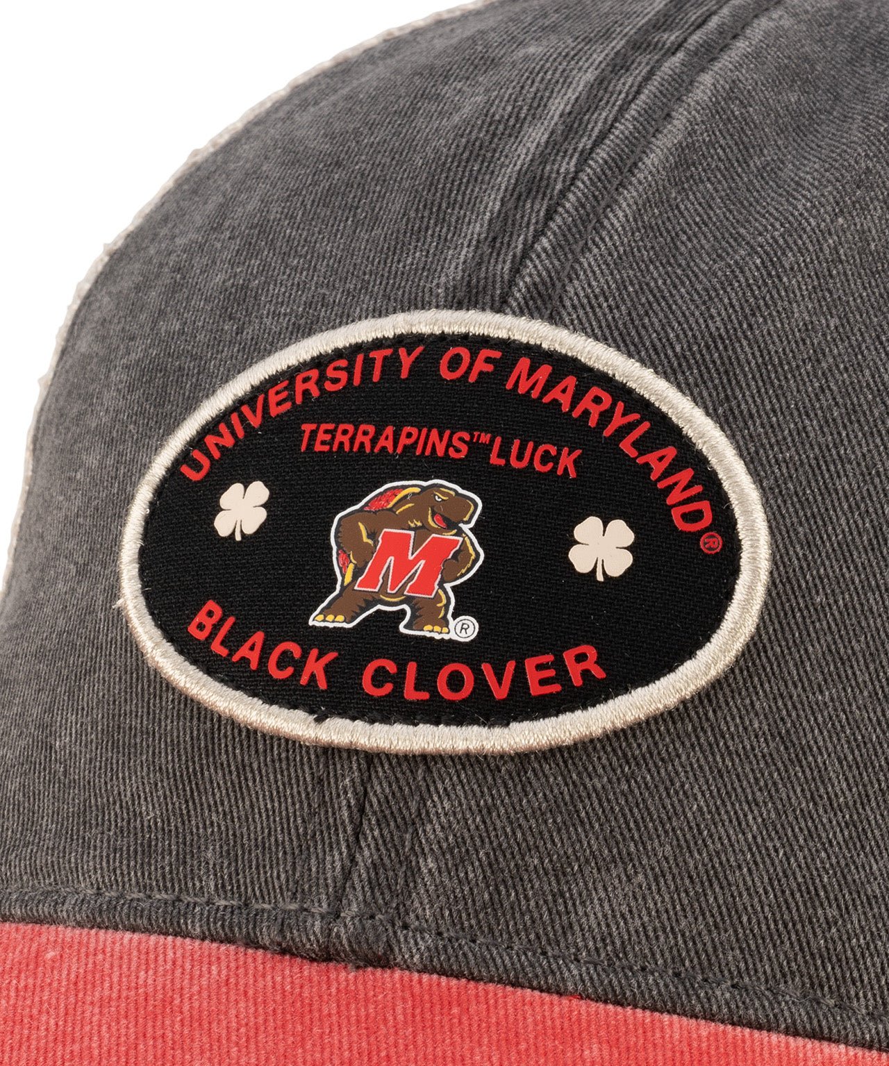 Red and grey two tone vintage style hat from Black Clover featuring University of Maryland Terrapins logo