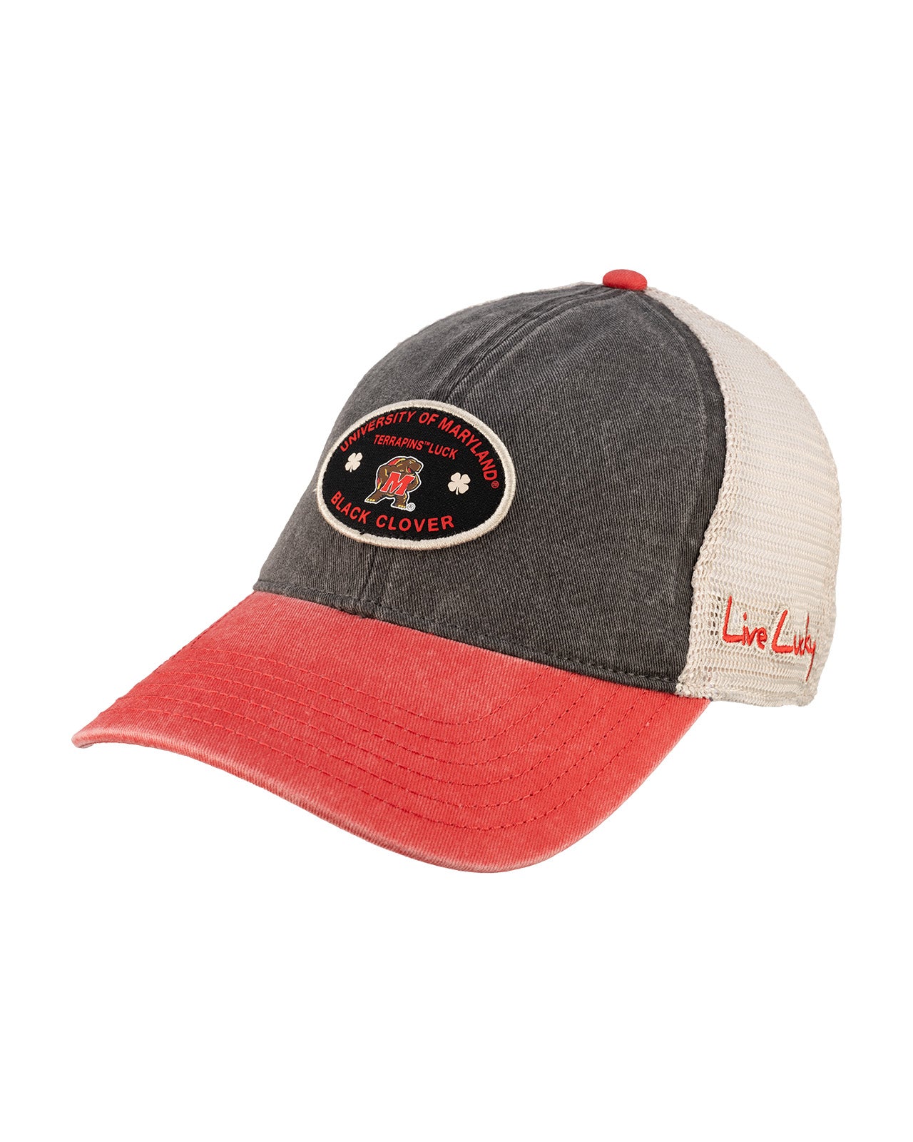 Red and grey two tone vintage style hat from Black Clover featuring University of Maryland Terrapins logo