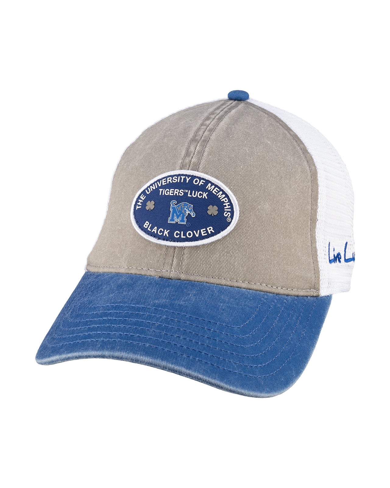 Grey and blue two tone vintage style hat from Black Clover featuring University of Memphis Tigers logo