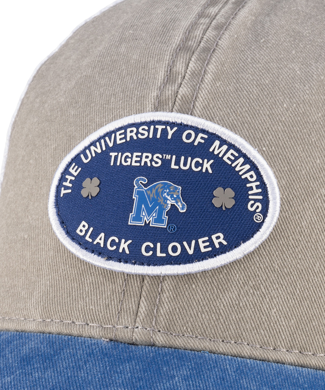 Grey and blue two tone vintage style hat from Black Clover featuring University of Memphis Tigers logo