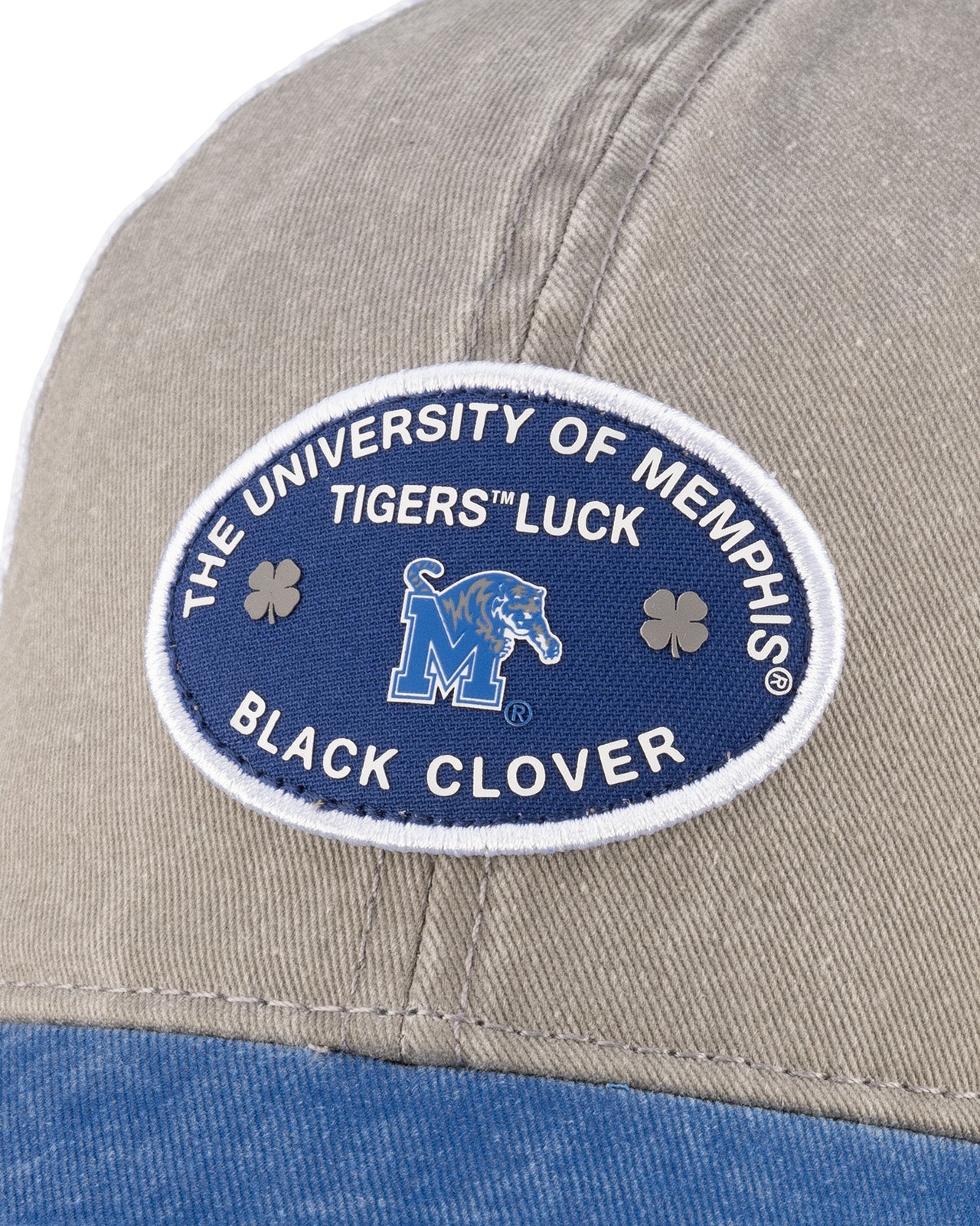 Grey and blue two tone vintage style hat from Black Clover featuring University of Memphis Tigers logo