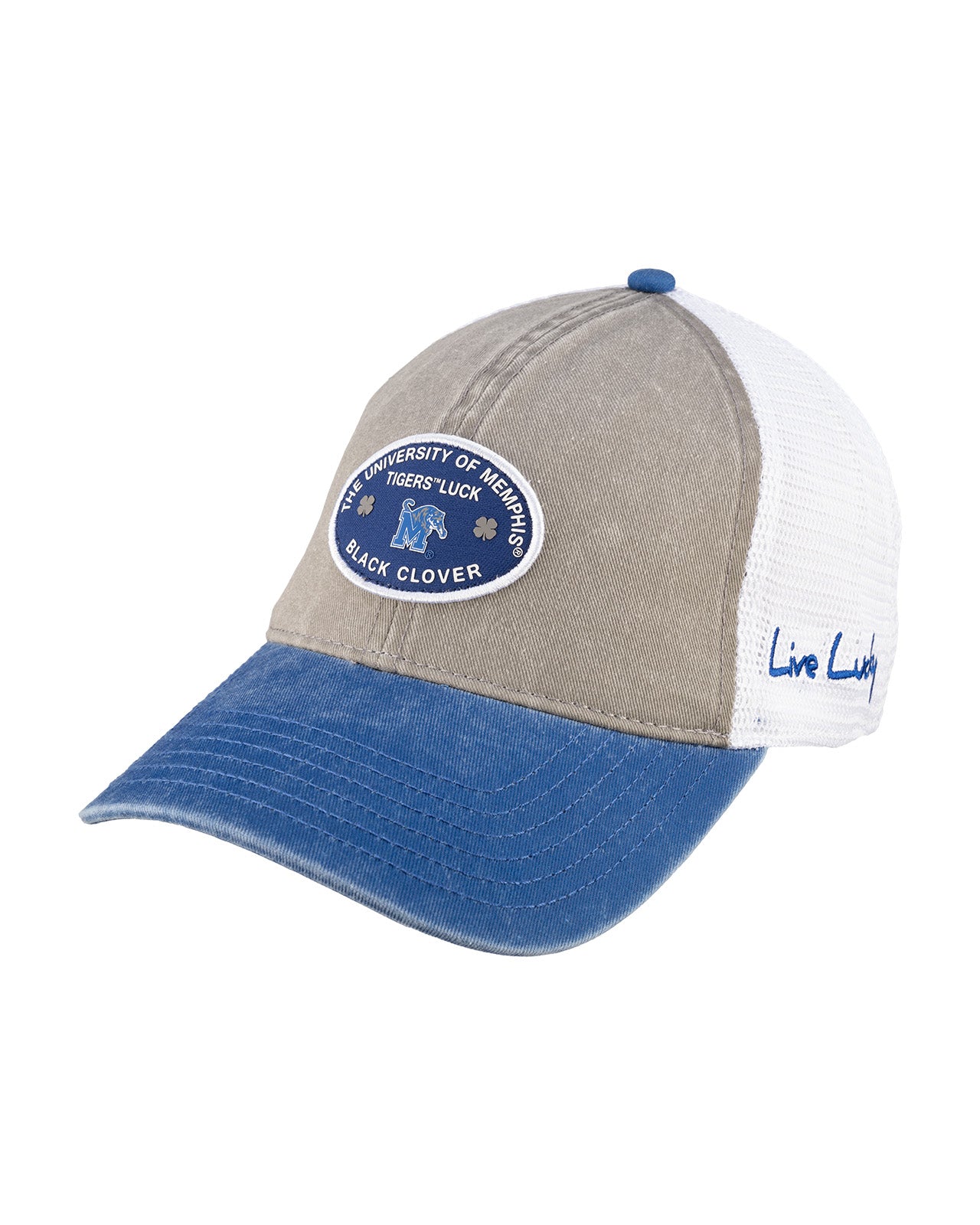 Grey and blue two tone vintage style hat from Black Clover featuring University of Memphis Tigers logo