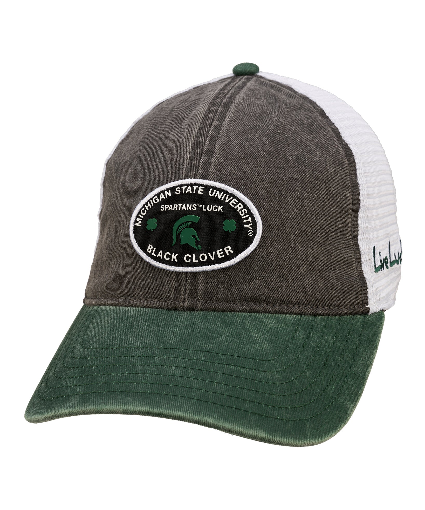 grey and green two tone vintage style hat from Black Clover featuring Michigan State Spartans logo