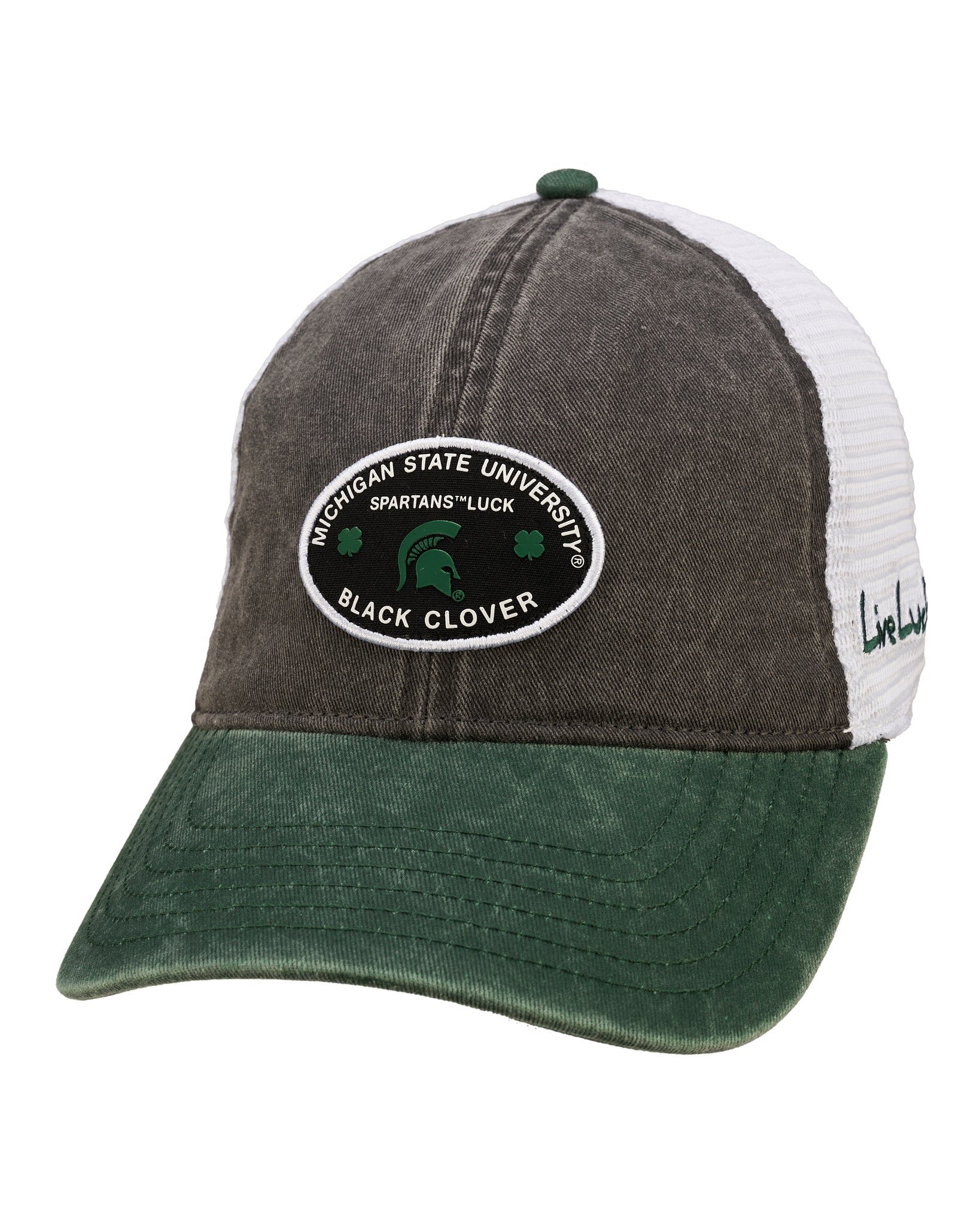 grey and green two tone vintage style hat from Black Clover featuring Michigan State Spartans logo