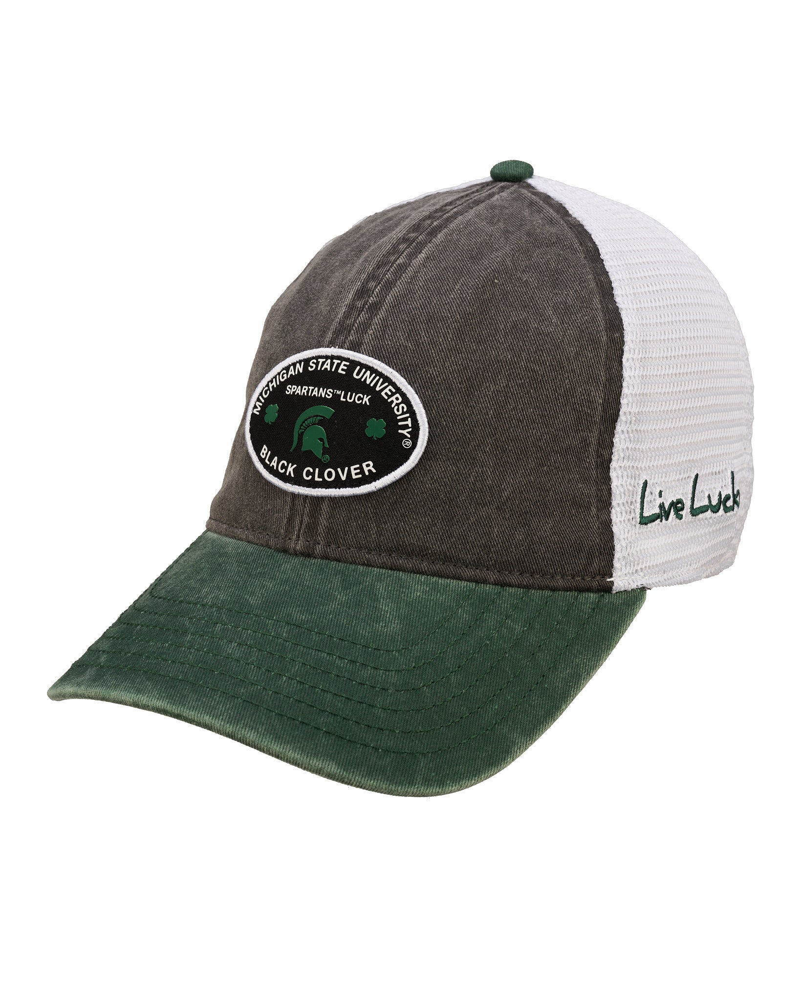 grey and green two tone vintage style hat from Black Clover featuring Michigan State Spartans logo