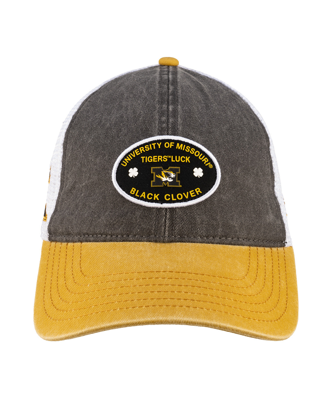 Grey and yellow two tone vintage style hat from Black Clover featuring University of Missouri Tigers logo