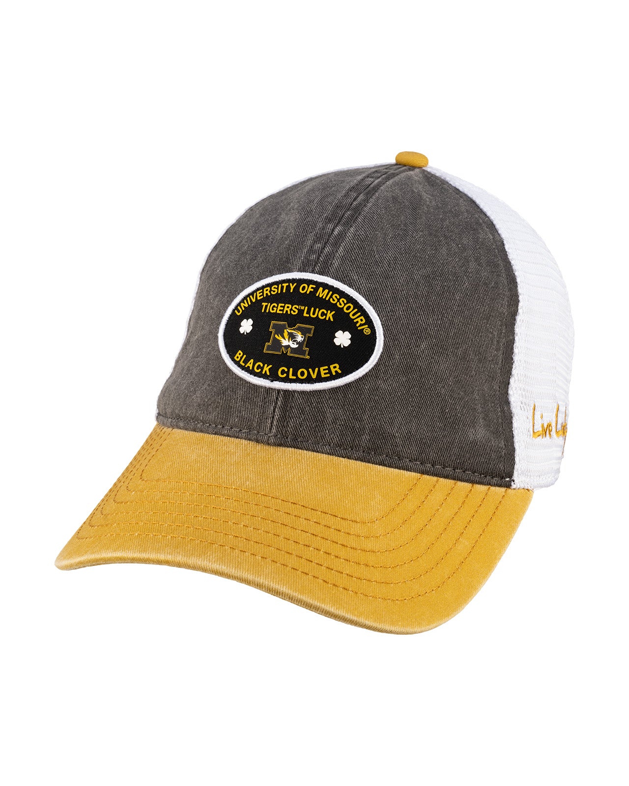 Grey and yellow two tone vintage style hat from Black Clover featuring University of Missouri Tigers logo