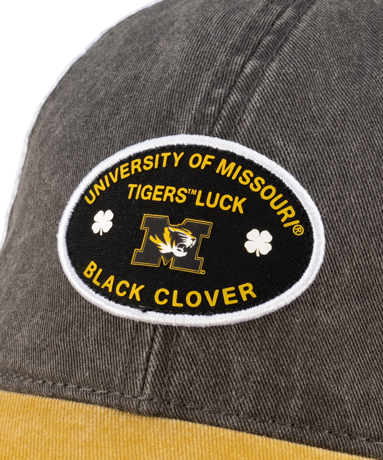 Grey and yellow two tone vintage style hat from Black Clover featuring University of Missouri Tigers logo