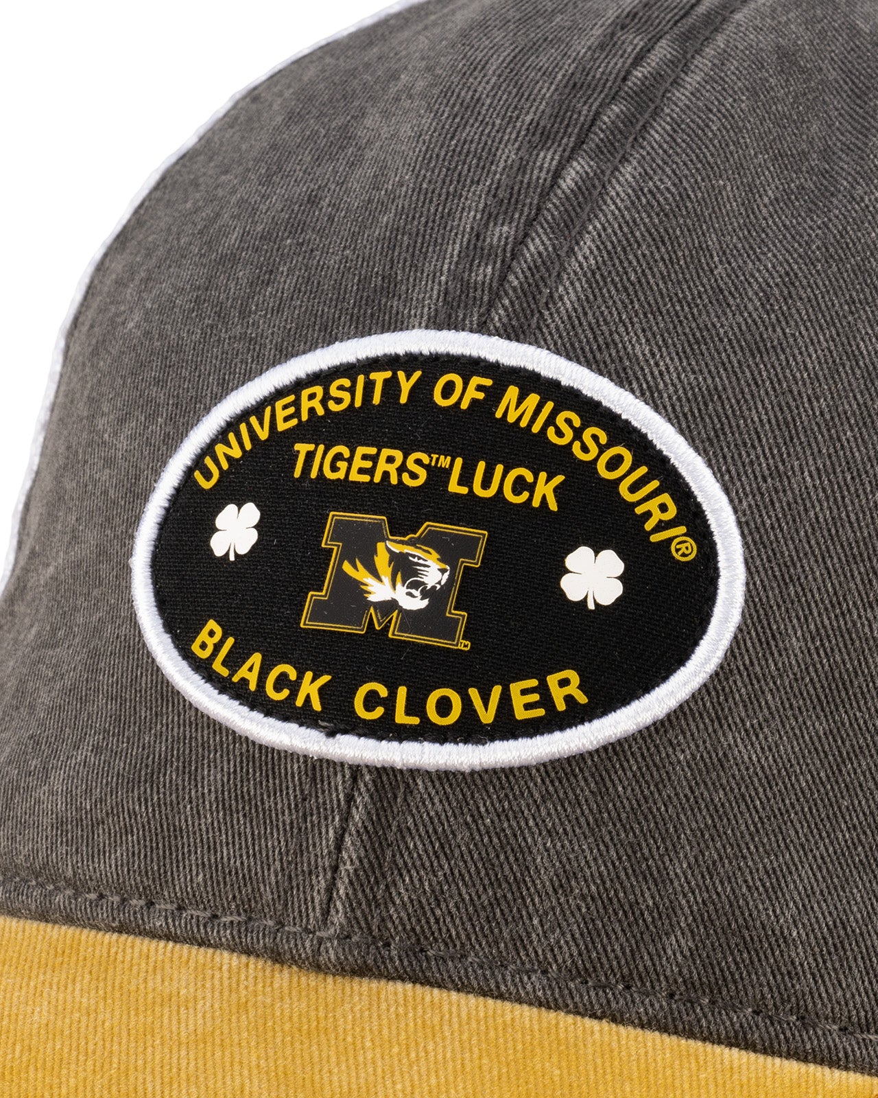 Grey and yellow two tone vintage style hat from Black Clover featuring University of Missouri Tigers logo