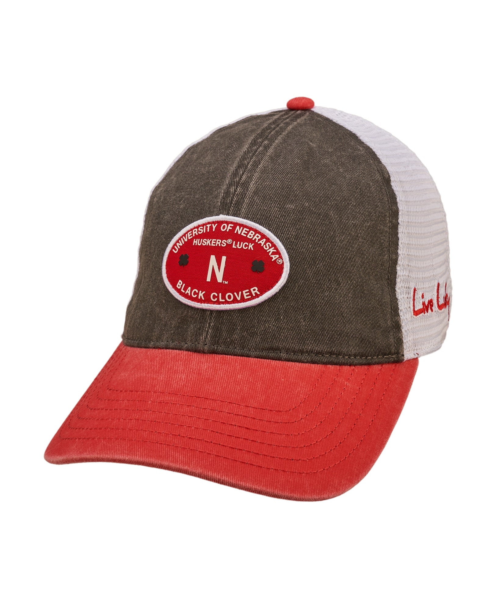 Brown and red two tone vintage style hat from Black Clover featuring University of Nebraska huskers logo