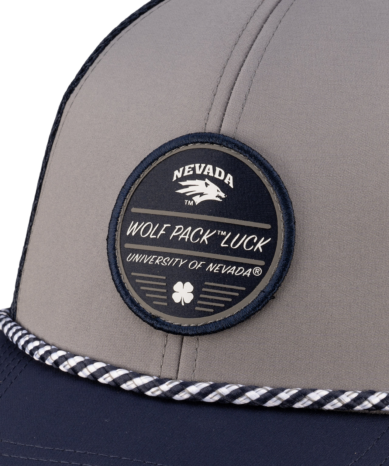 Grey and navy blue two tone rope hat from Black Clover featuring University of Nevada Reno Wolfpack Logo