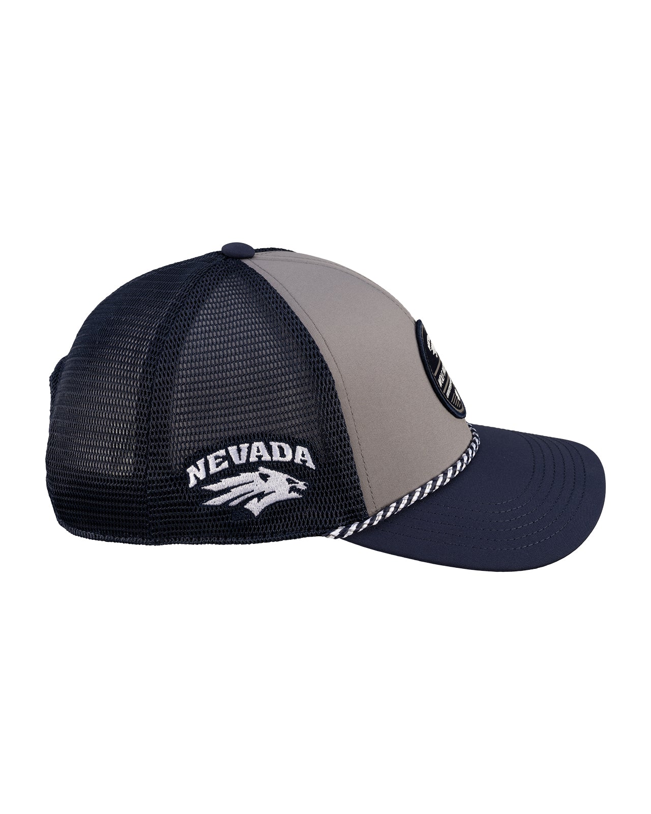 Grey and navy blue two tone rope hat from Black Clover featuring University of Nevada Reno Wolfpack Logo