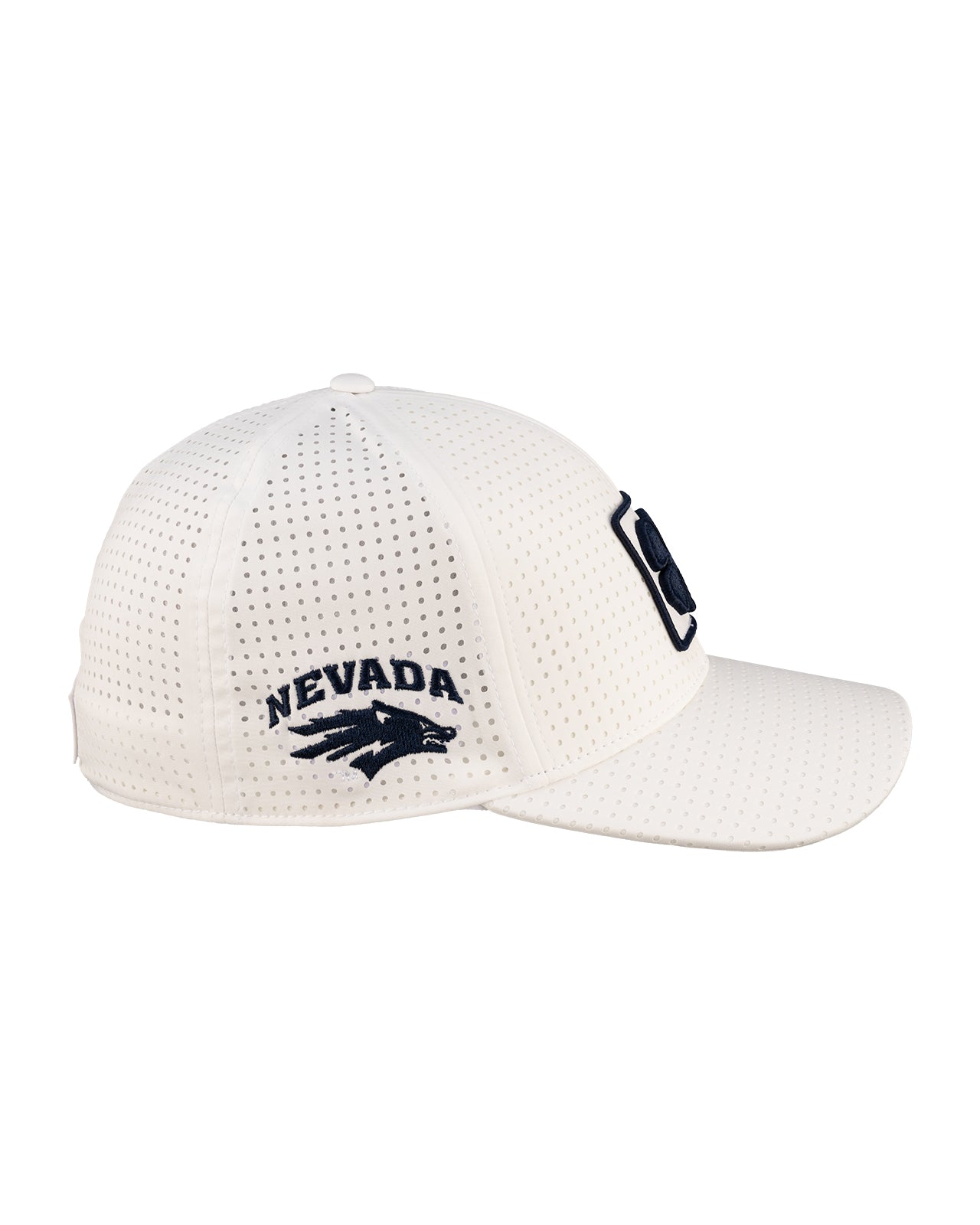 White perforated hat from Black Clover featuring University of Nevada Reno Wolfpack Logo