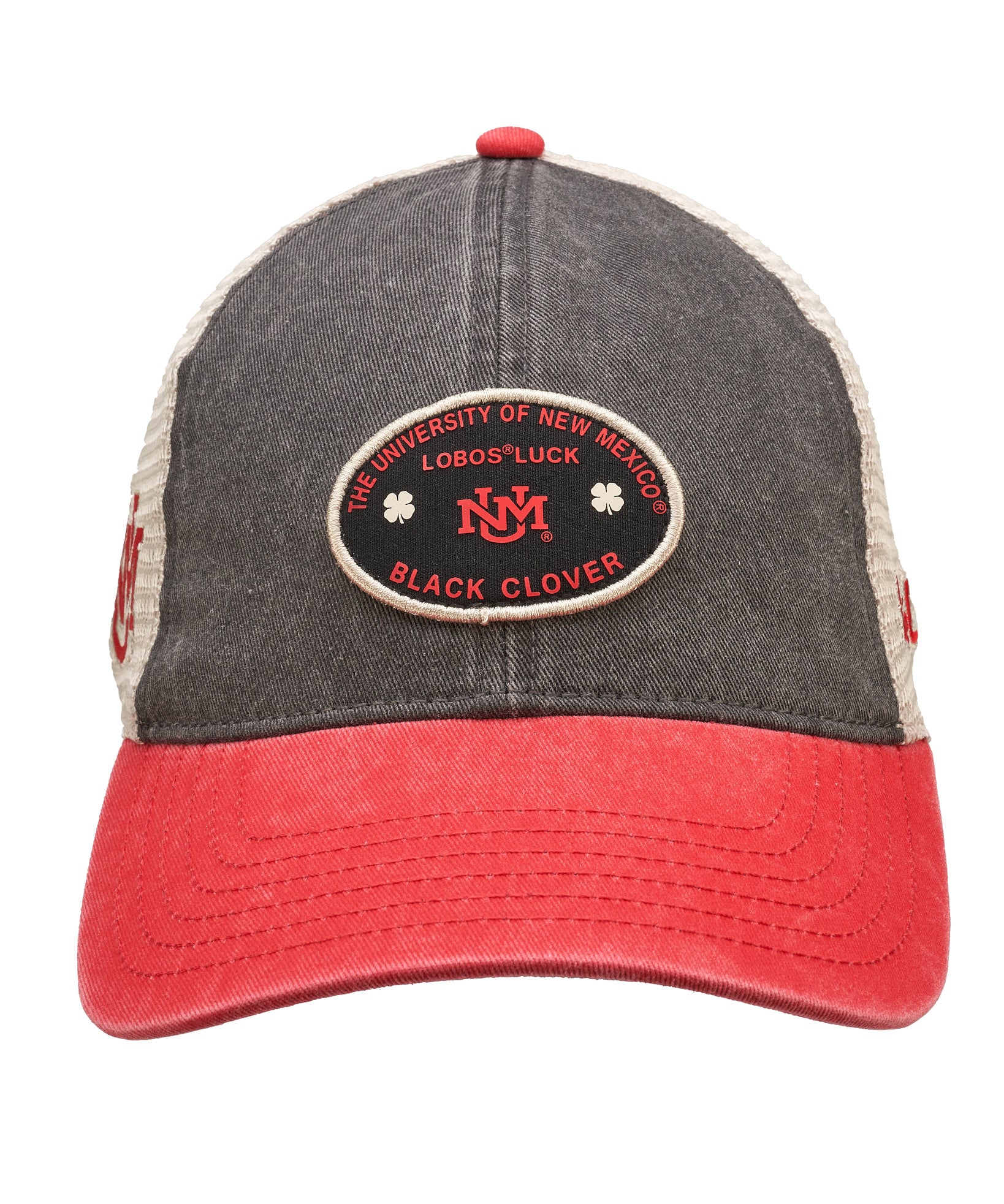 Red, grey, and white two tone vintage style hat from Black Clover featuring New Mexico Lobos logo