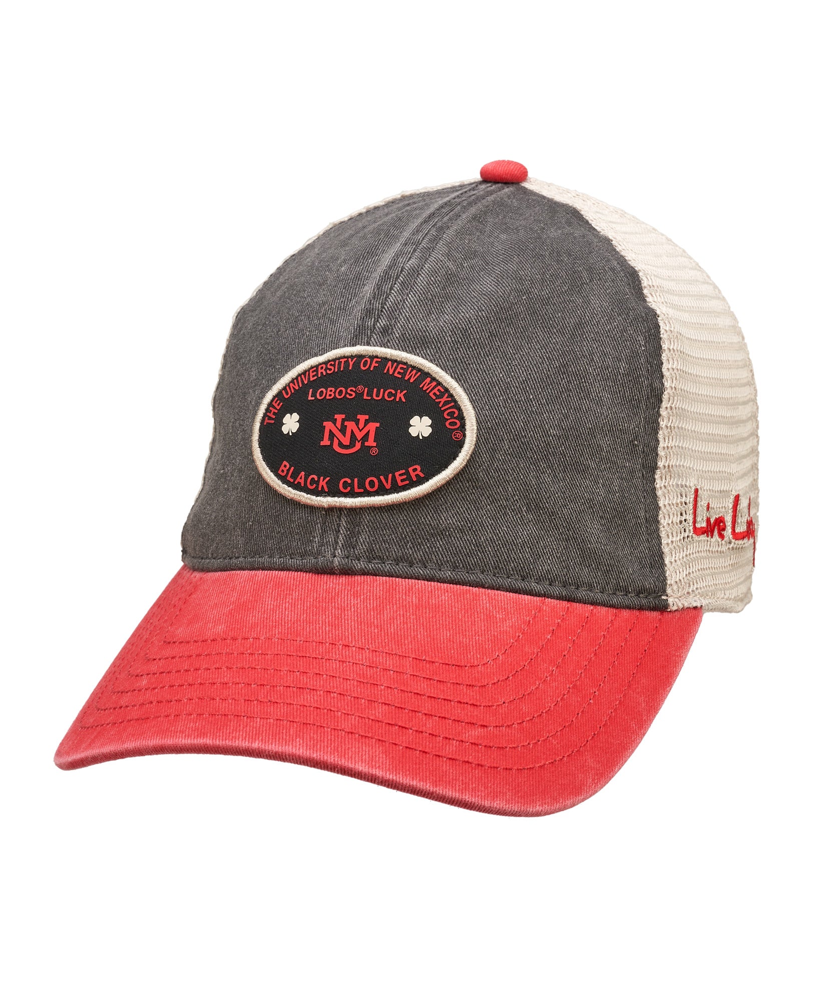 Red, grey, and white two tone vintage style hat from Black Clover featuring New Mexico Lobos logo