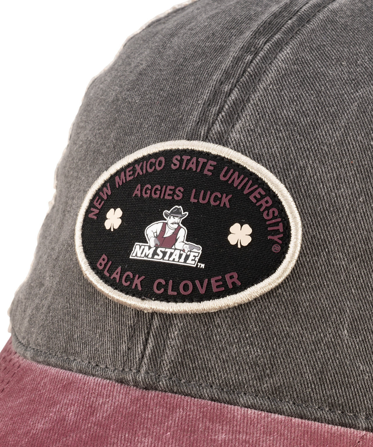 Grey and maroon two tone vintage style hat from Black Clover featuring New Mexico State Aggies Logo