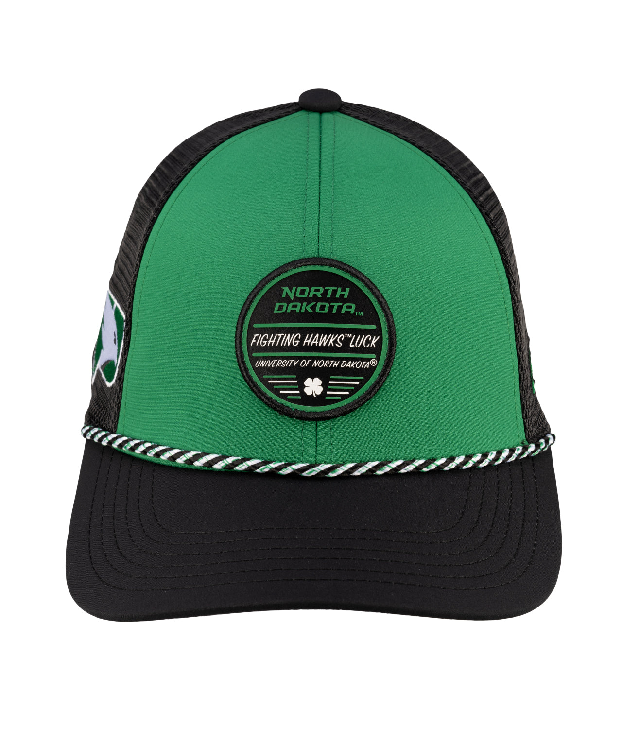 Green and Black two tone rope hat from Black Clover featuring North Dakota Fighting Hawks logo