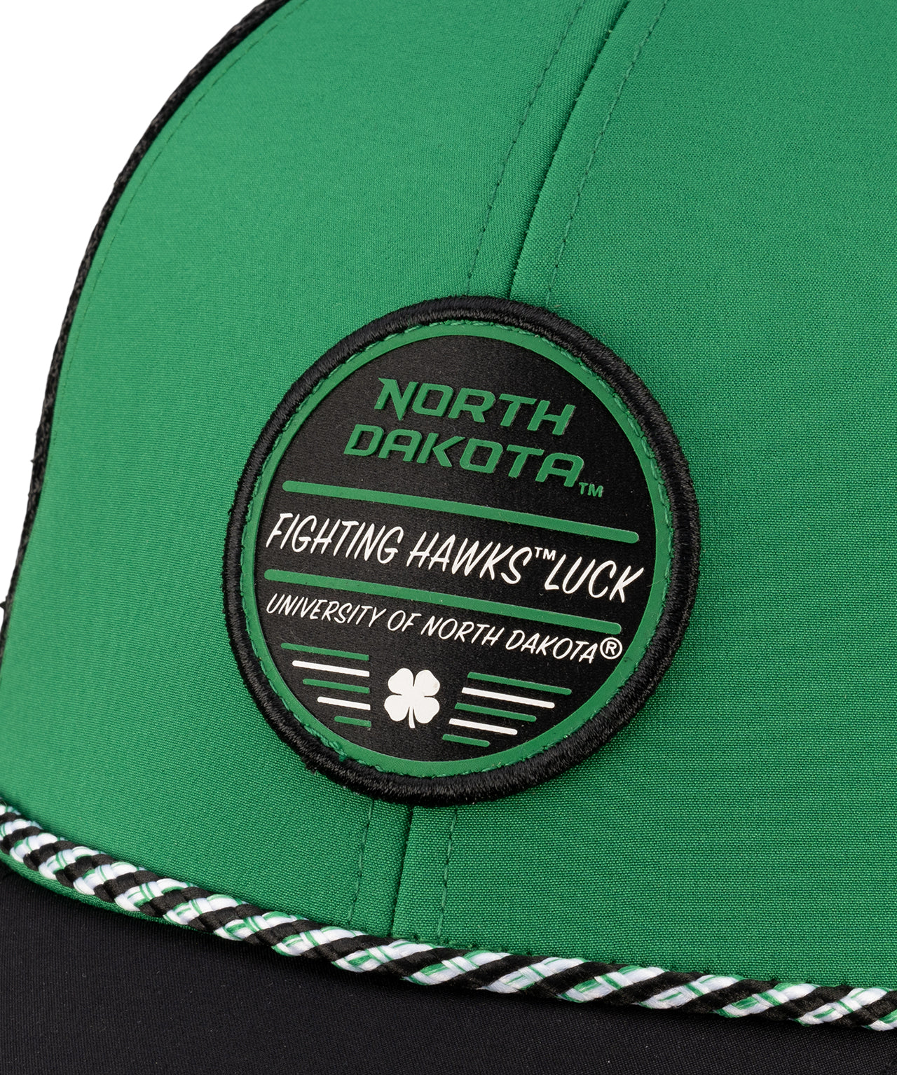 Green and Black two tone rope hat from Black Clover featuring North Dakota Fighting Hawks logo