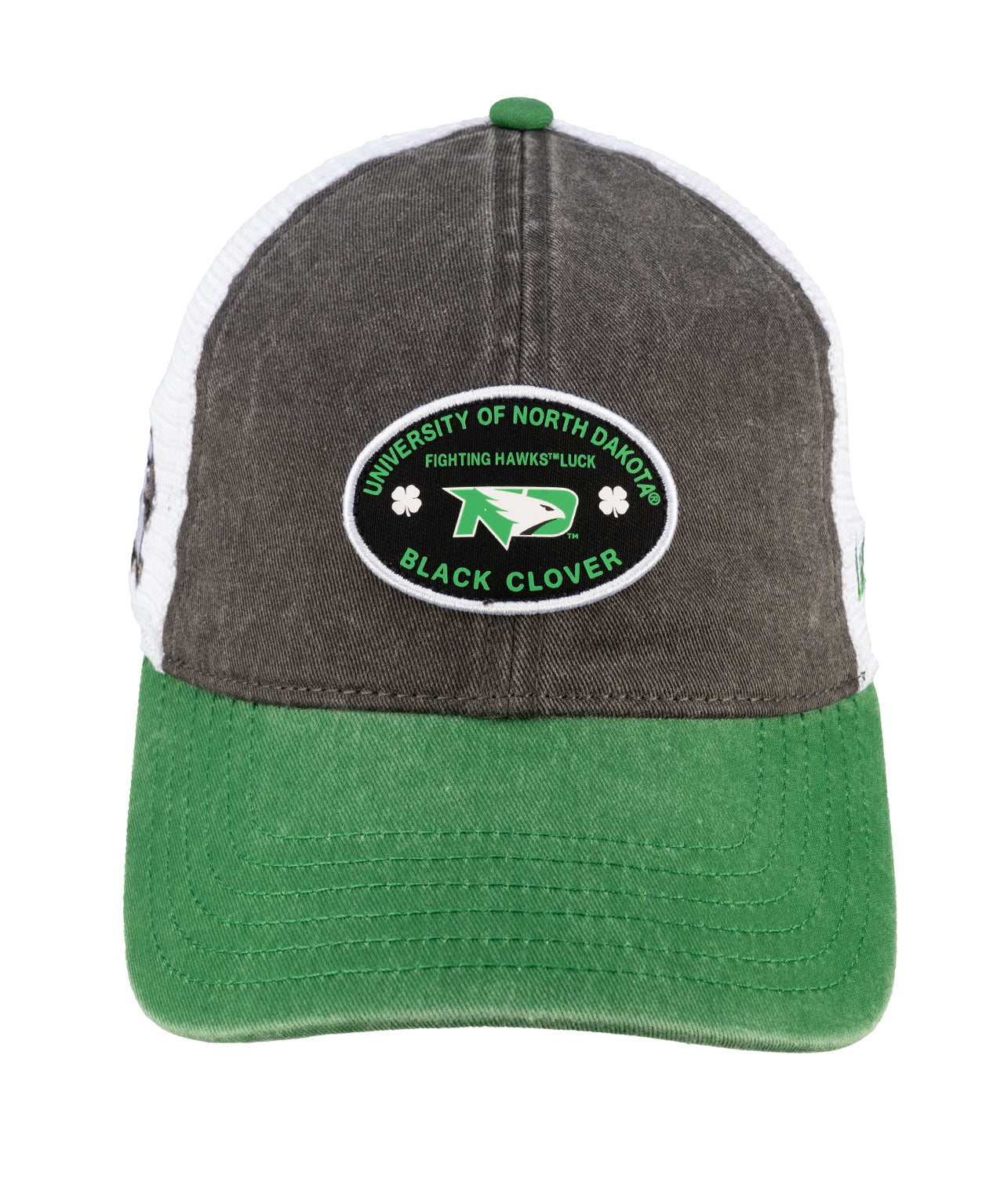 Grey and green two tone vintage style hat from Black Clover featuring North Dakota Fighting Hawks logo