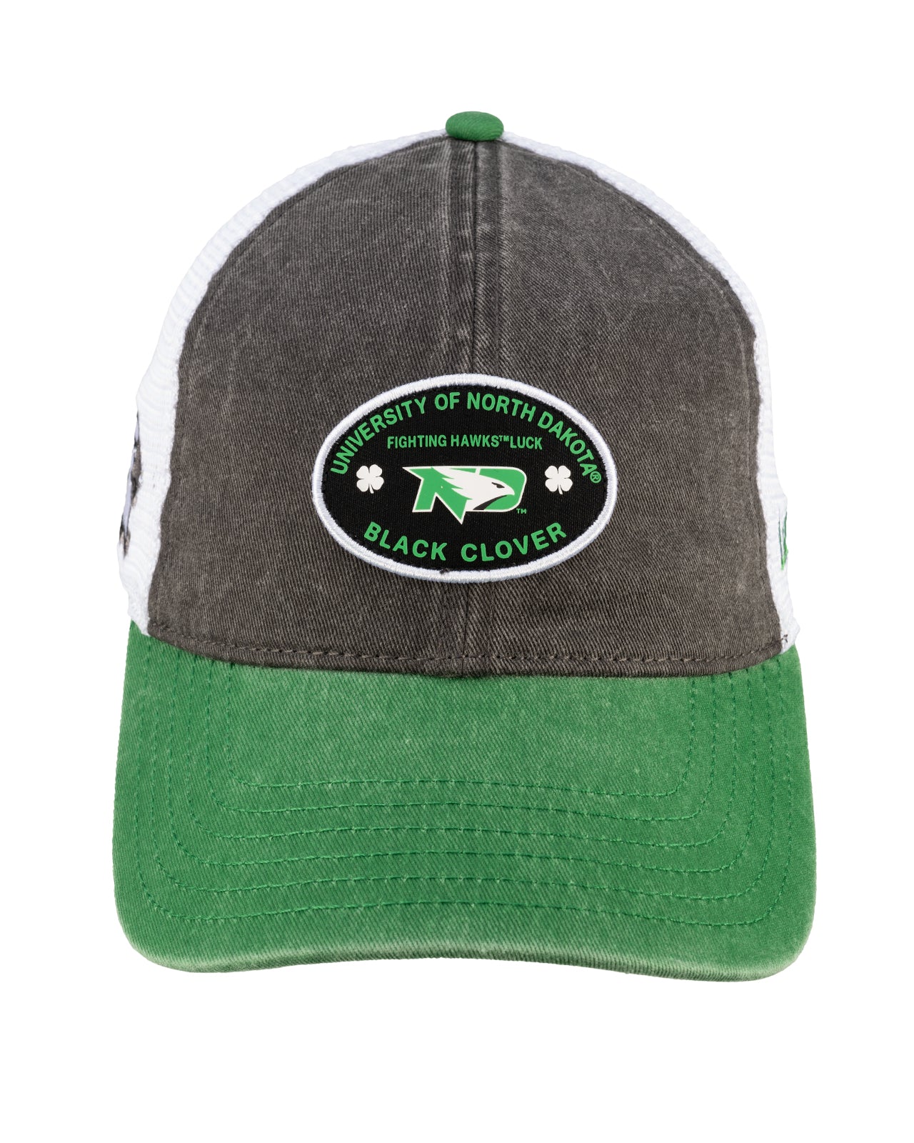 Grey and green two tone vintage style hat from Black Clover featuring North Dakota Fighting Hawks logo