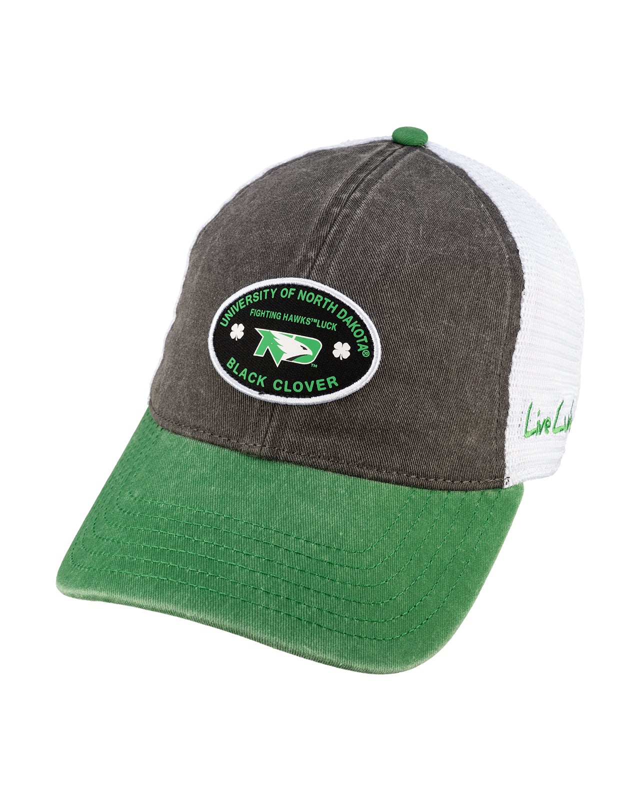 Grey and green two tone vintage style hat from Black Clover featuring North Dakota Fighting Hawks logo