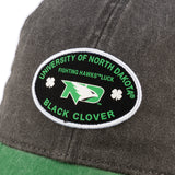 Grey and green two tone vintage style hat from Black Clover featuring North Dakota Fighting Hawks logo