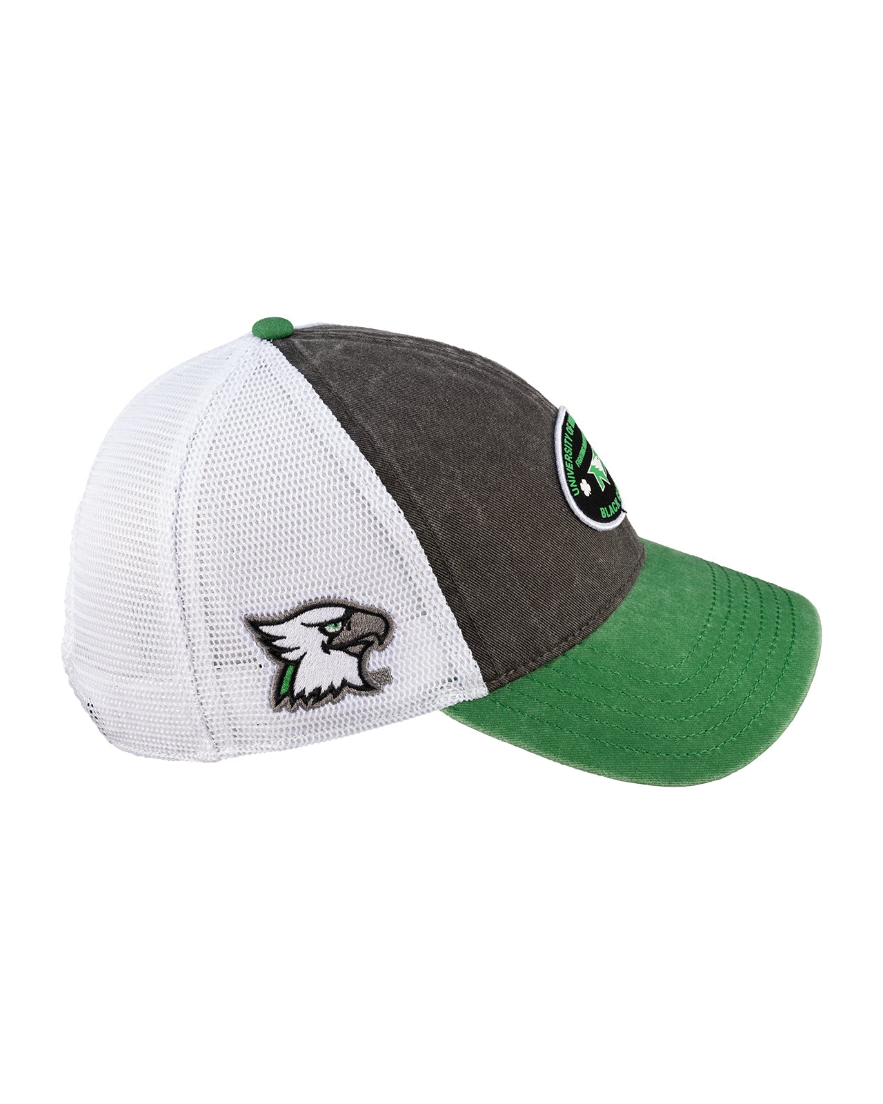 Grey and green two tone vintage style hat from Black Clover featuring North Dakota Fighting Hawks logo