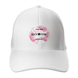 white hat with patch depicting pink tropical leaves