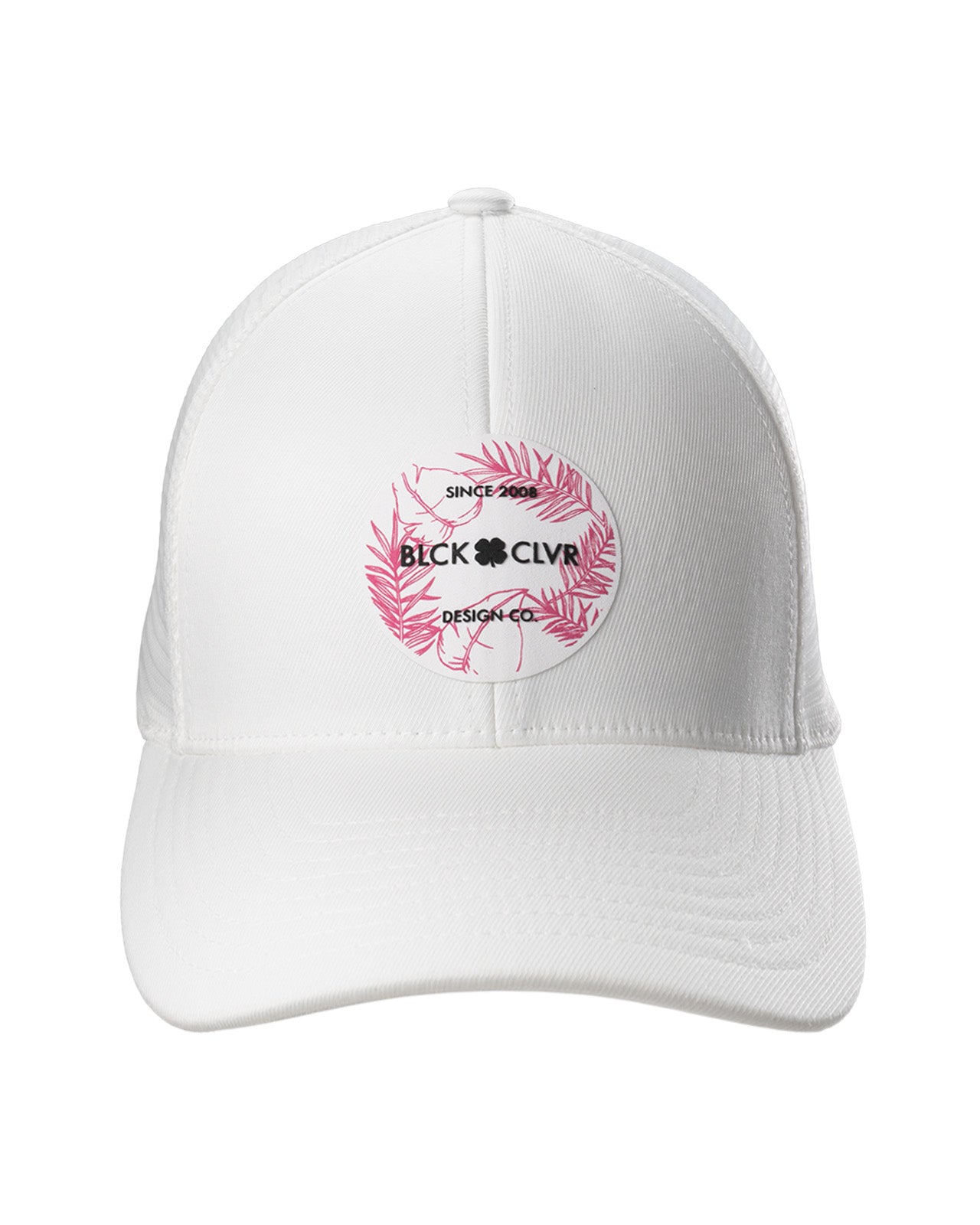 white hat with patch depicting pink tropical leaves