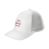 white hat with patch depicting pink tropical leaves