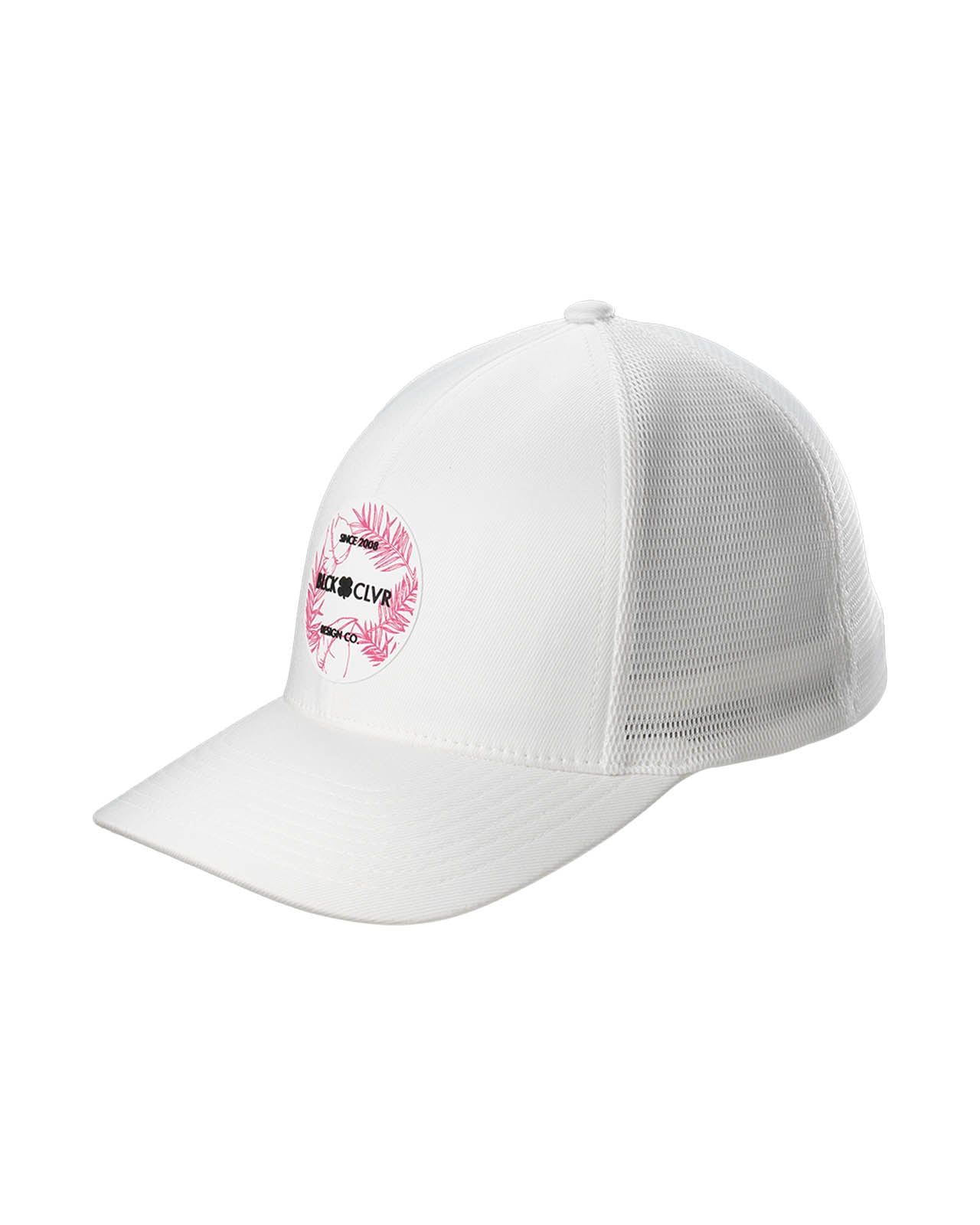 white hat with patch depicting pink tropical leaves