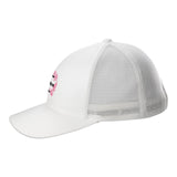 white hat with patch depicting pink tropical leaves