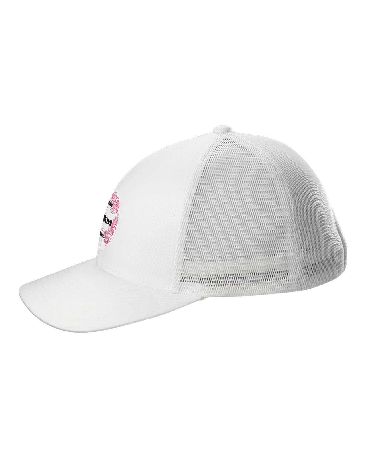 white hat with patch depicting pink tropical leaves