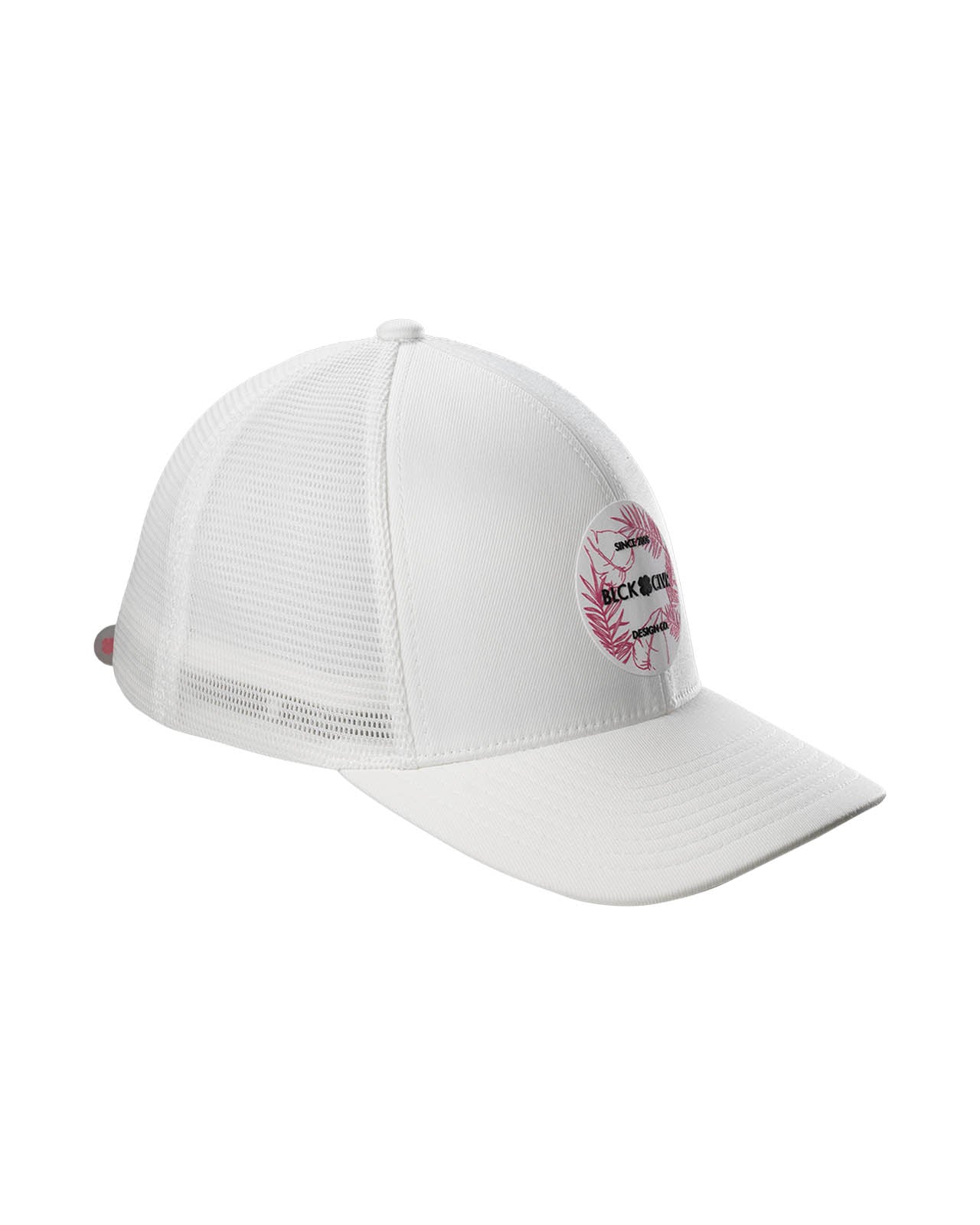 white hat with patch depicting pink tropical leaves