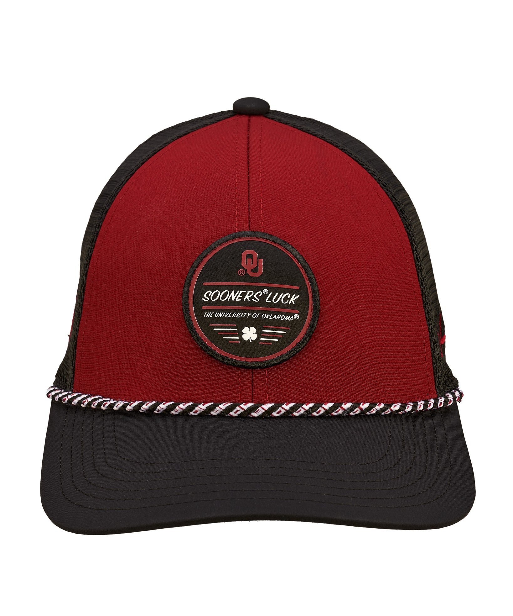 two tone red and black rope hat from Black Clover featuring University of Oklahoma logo