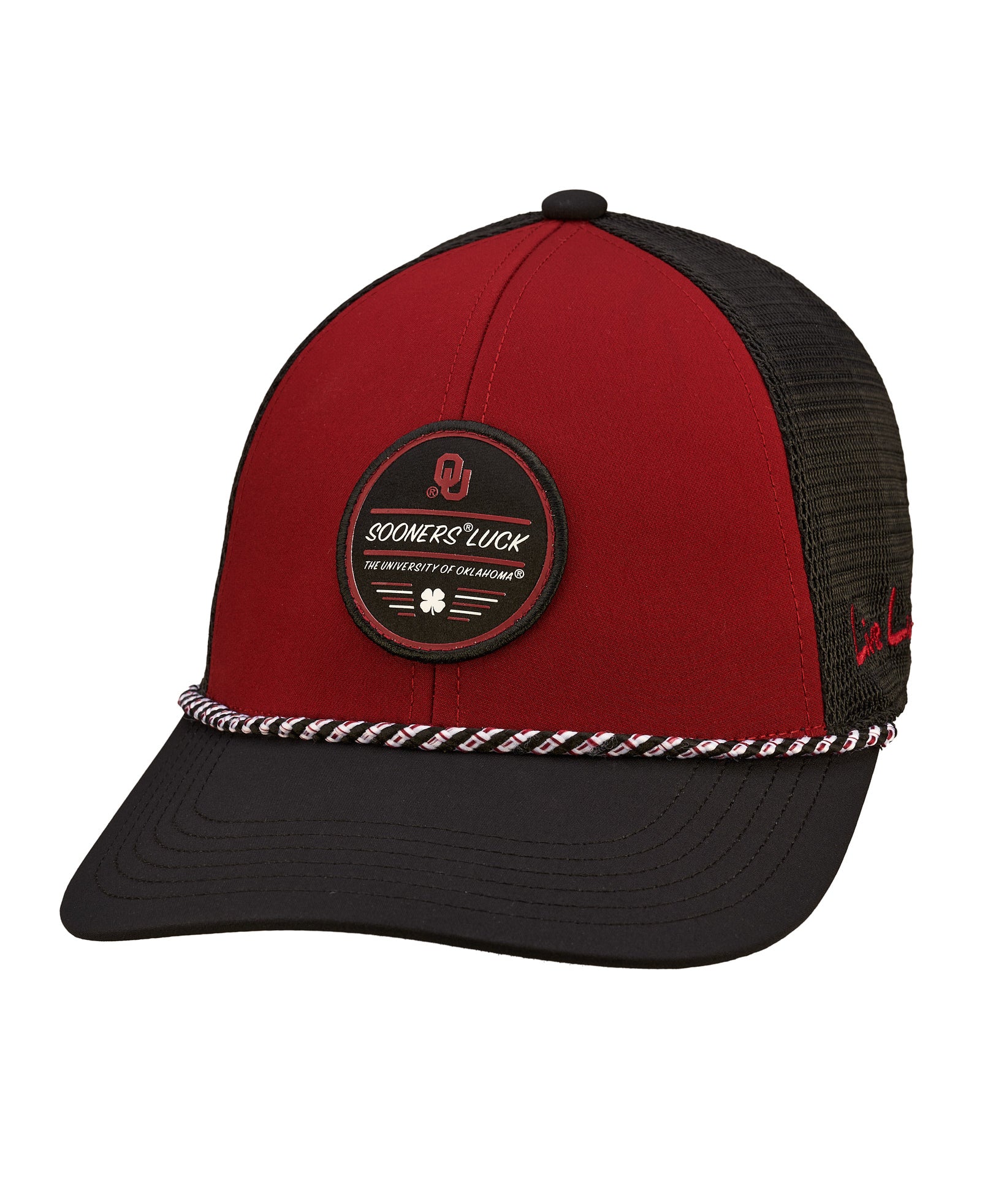 two tone red and black rope hat from Black Clover featuring University of Oklahoma logo