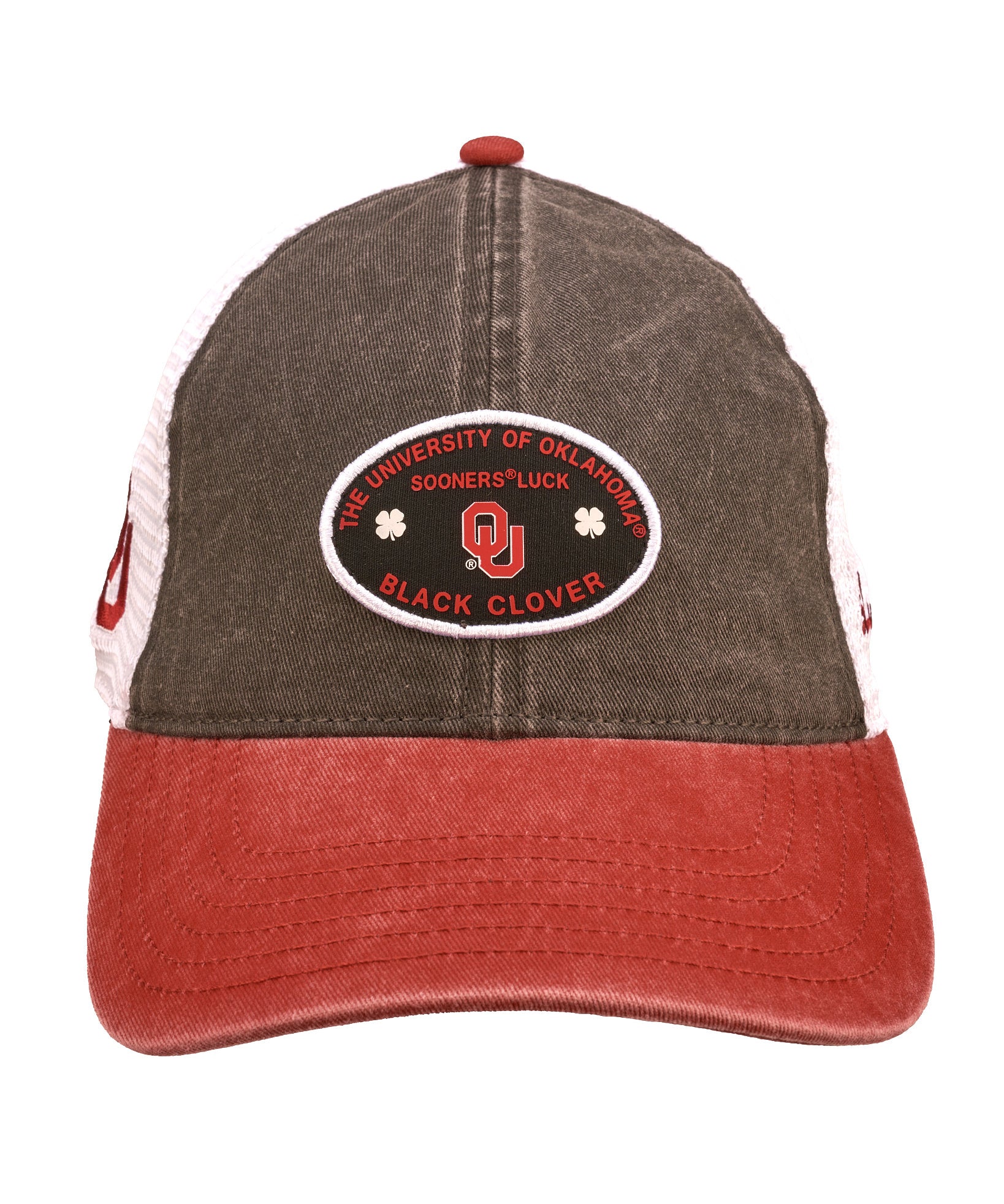 red and black two tone vintage style hat from Black Clover featuring University of Oklahoma logo