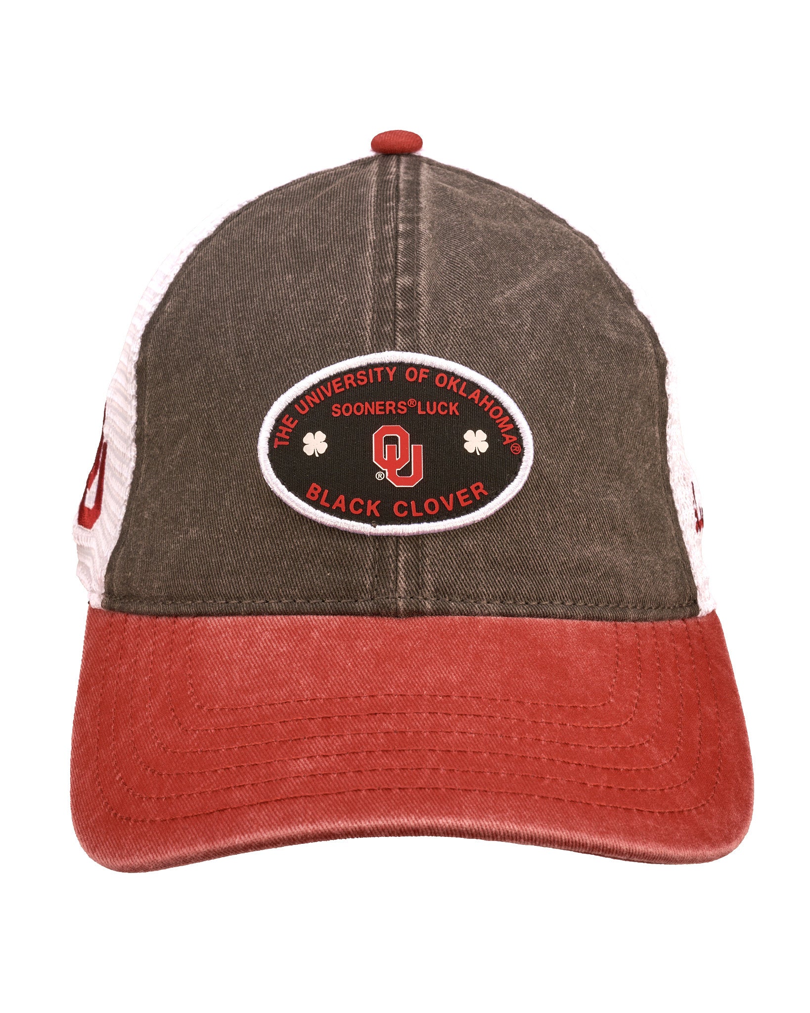 red and black two tone vintage style hat from Black Clover featuring University of Oklahoma logo