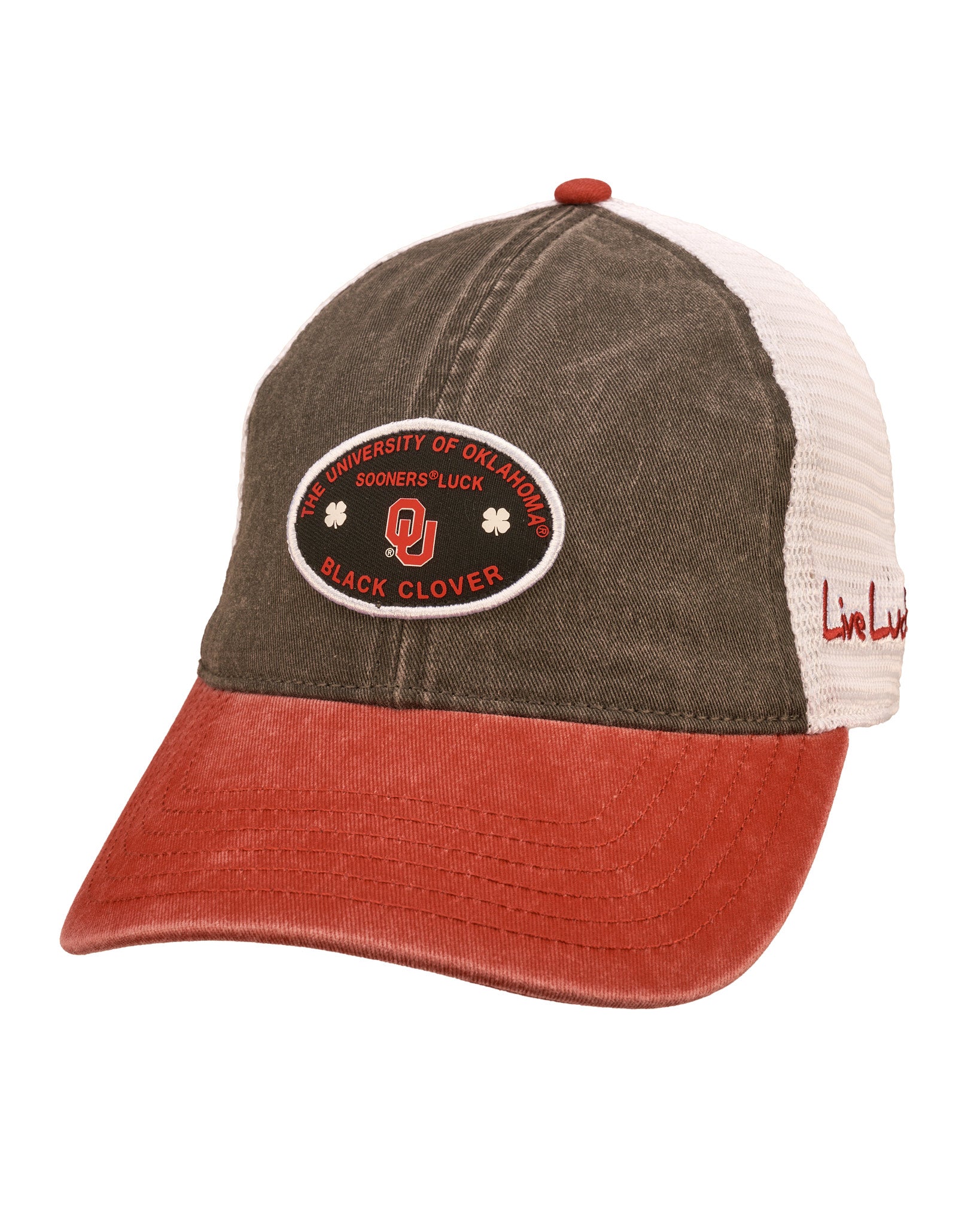 red and black two tone vintage style hat from Black Clover featuring University of Oklahoma logo