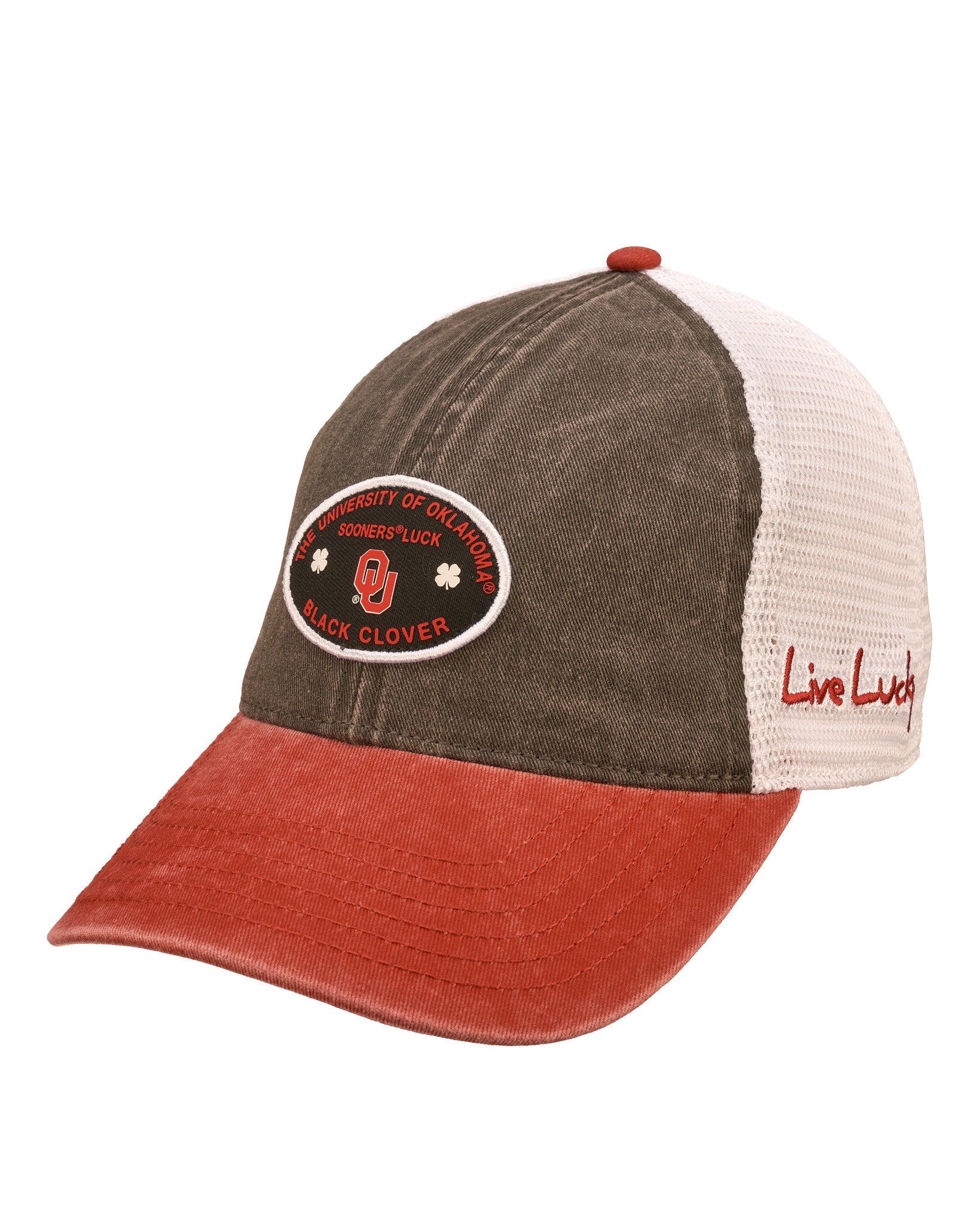 red and black two tone vintage style hat from Black Clover featuring University of Oklahoma logo