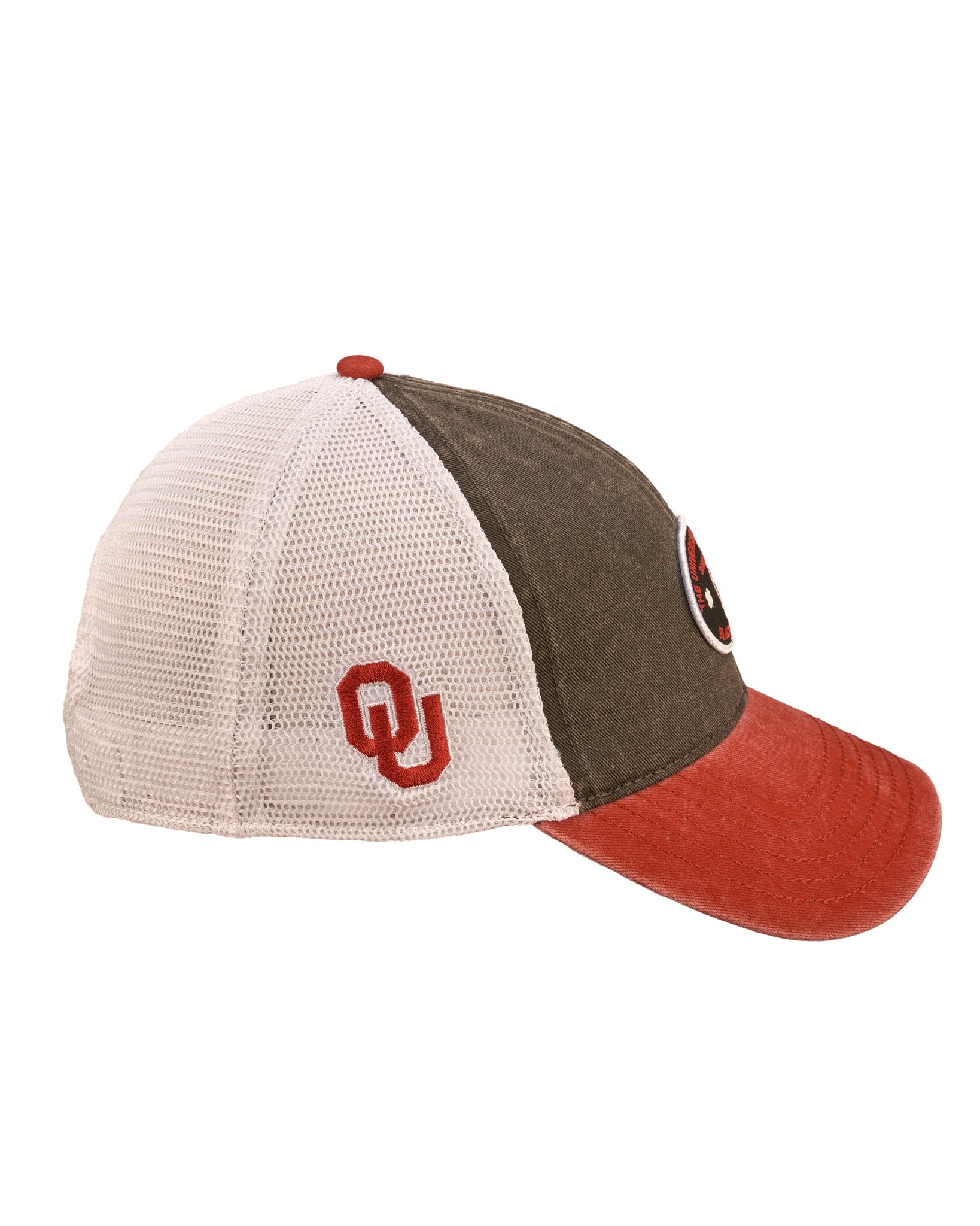 red and black two tone vintage style hat from Black Clover featuring University of Oklahoma logo