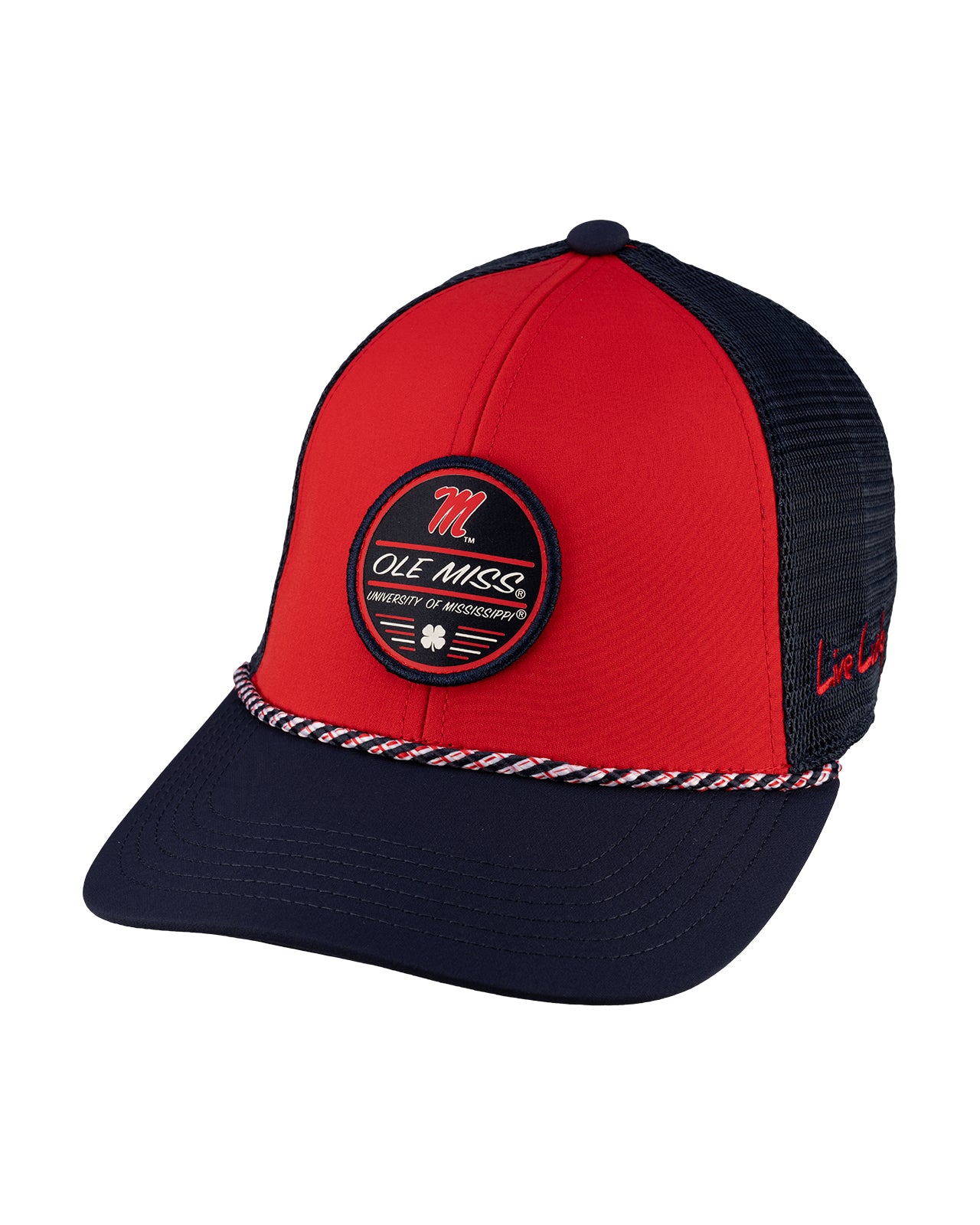 Red and navy two tone rope hat from Black Clover featuring Old Miss logo