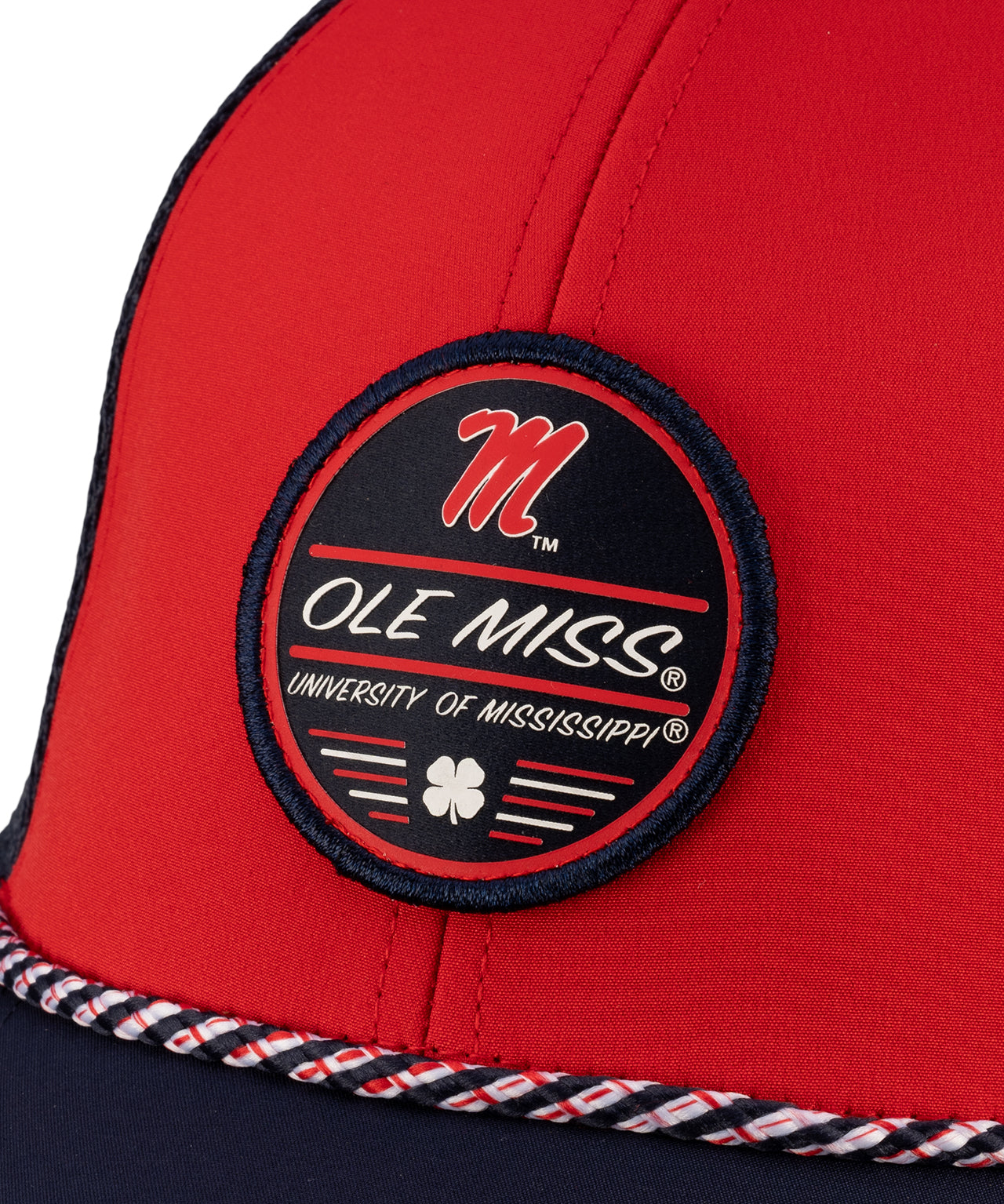 Red and navy two tone rope hat from Black Clover featuring Old Miss logo