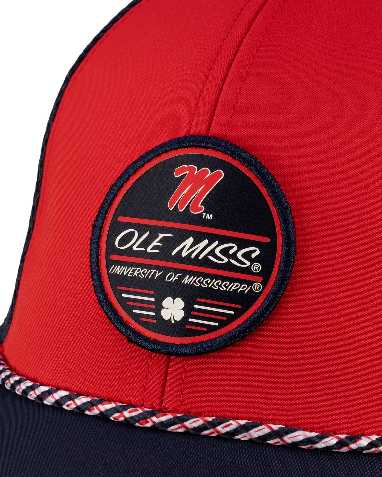 Red and navy two tone rope hat from Black Clover featuring Old Miss logo