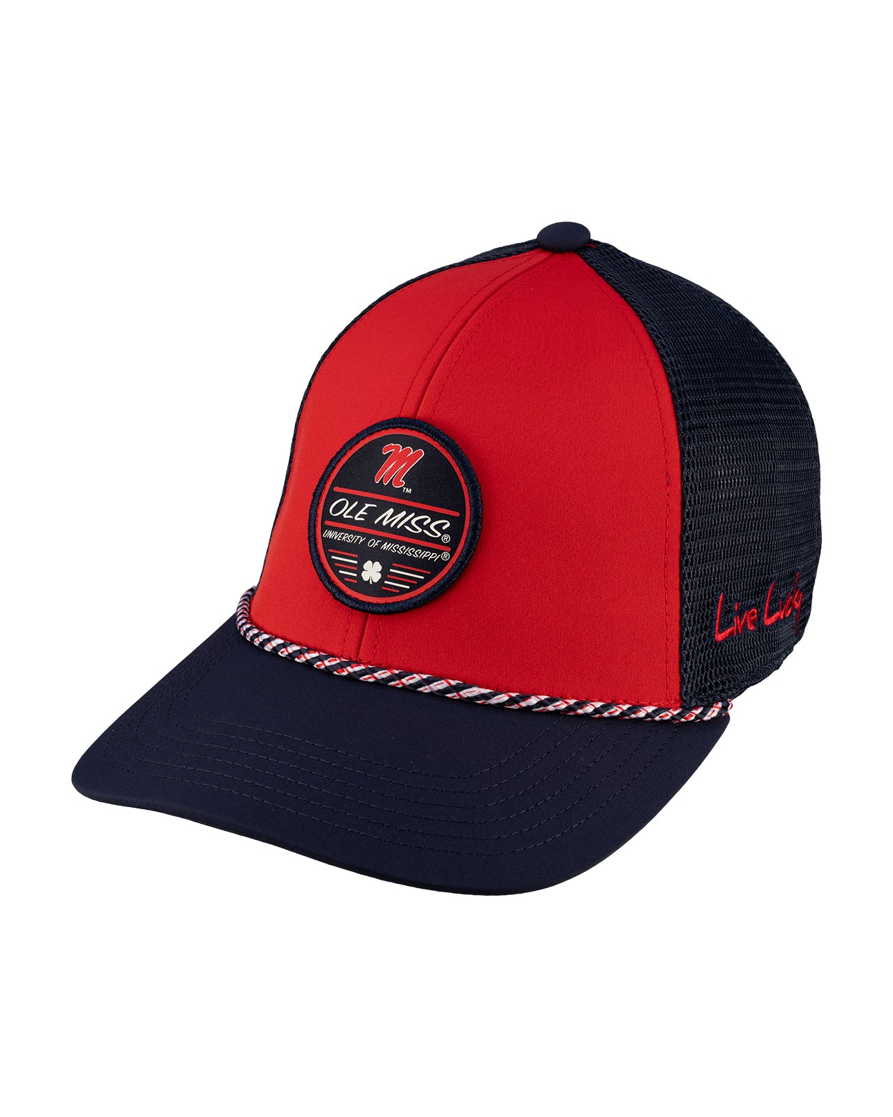 Red and navy two tone rope hat from Black Clover featuring Old Miss logo